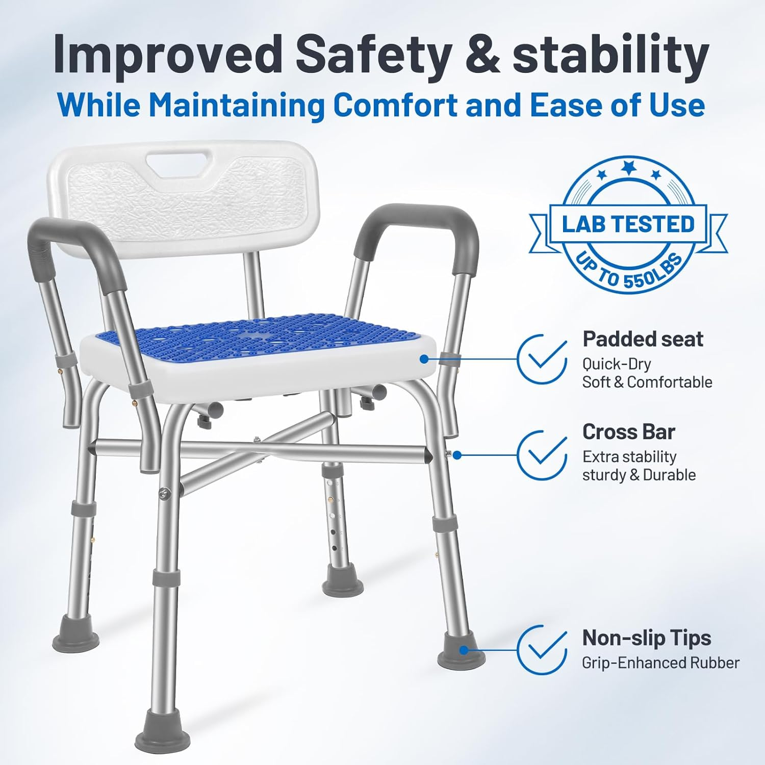 Tocebe Shower Chair for inside Shower, 550LB Capacity Shower Seat with Reinforced Cross Bar, Adjustable Height anti Slip Bath Chair with Backrest, Padded Armrests, Loofah Stick for Elderly & Disabled