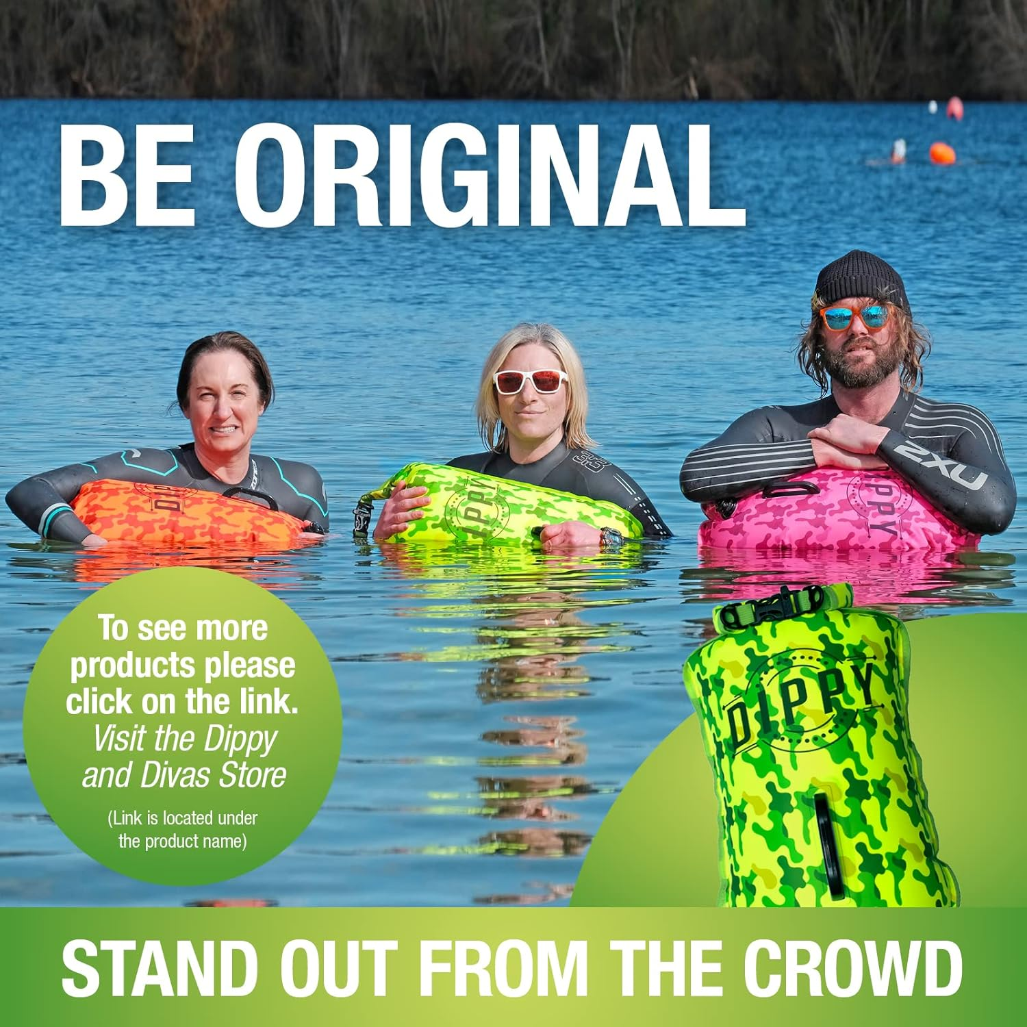 DIPPY Tow Floats for Open Water Swimming | 28L Swim Buoy Open Water Swimming Float | Waterproof Swimming Buoy | Tow Float Dry Bag | Wild Swimming Float | Wild Swimming Accessories (Green Cammo) image number 1