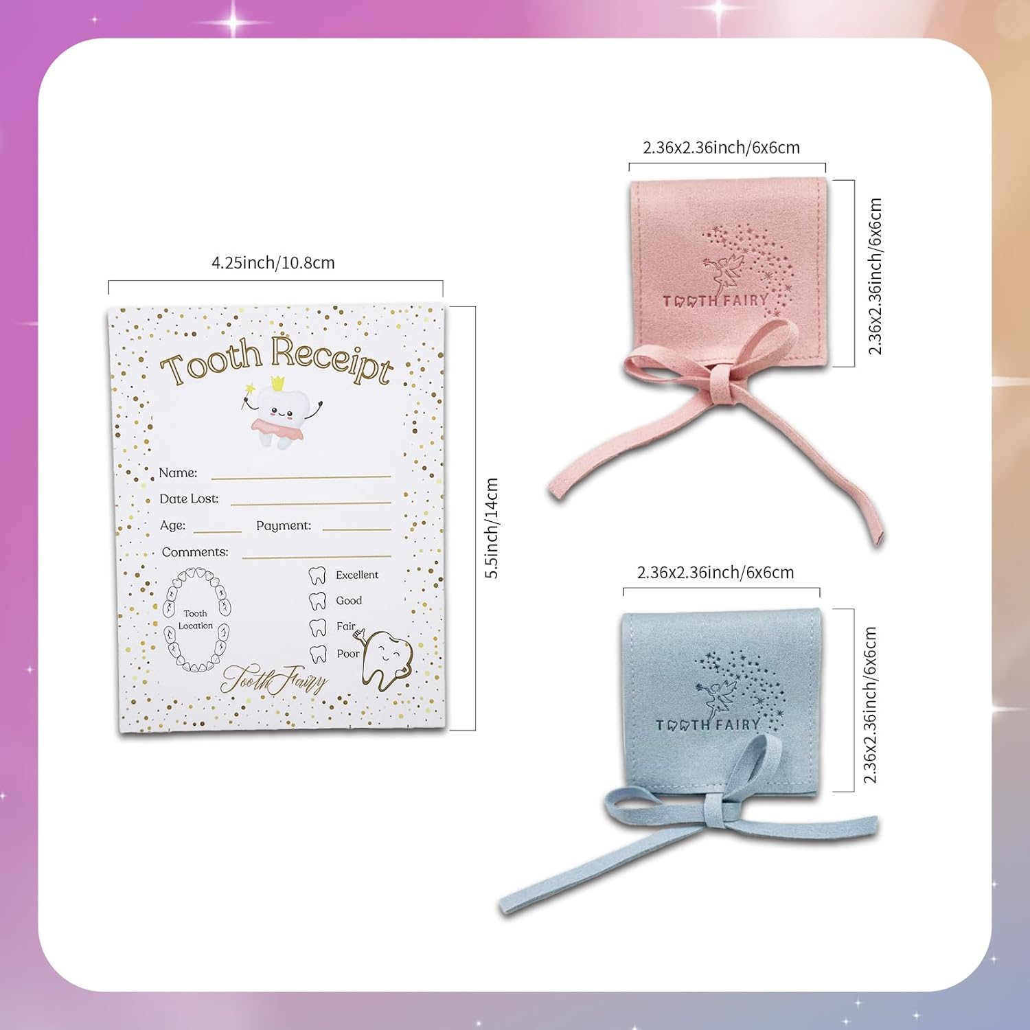 22 Pack Tooth Fairy Receipts with 2 Tooth Pouches (Pink and Blue Each), Tooth Fairy Kit for Kids, Tooth Keepsake Gifts for Boys and Girls, Lost Tooth Gift image number 1