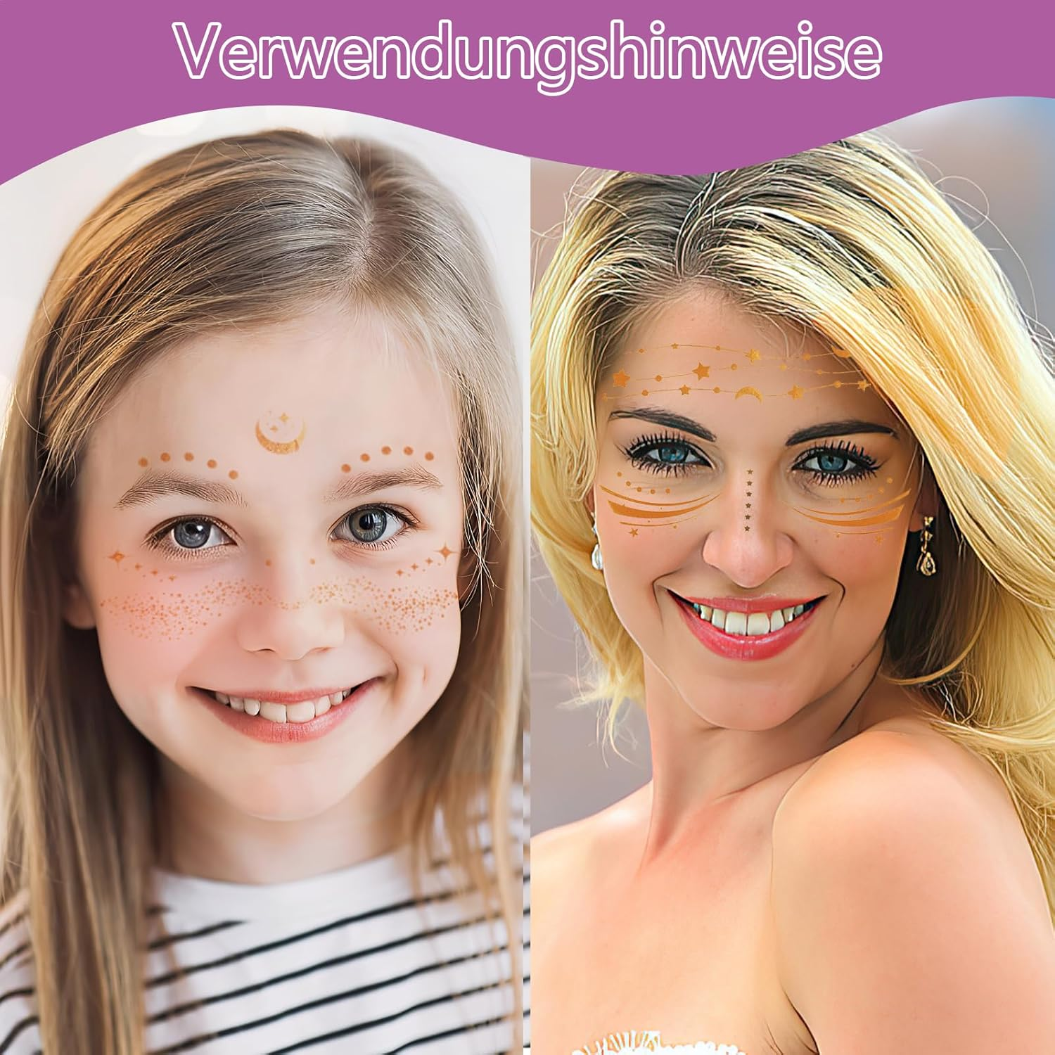 Face Tattoo Carnival, Glitter Festival Make up Tattoos, Waterproof Freckles Freckles Tattoo in Gold for Women (Gold - 6 Styles) - Black-120Pcs image number 5