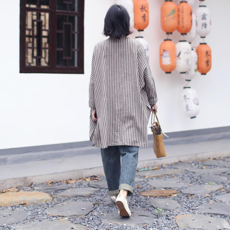 Women'S Vintage Linen Cotton Long Shirt Loose Fit Striped Tops with Pockets image number 2