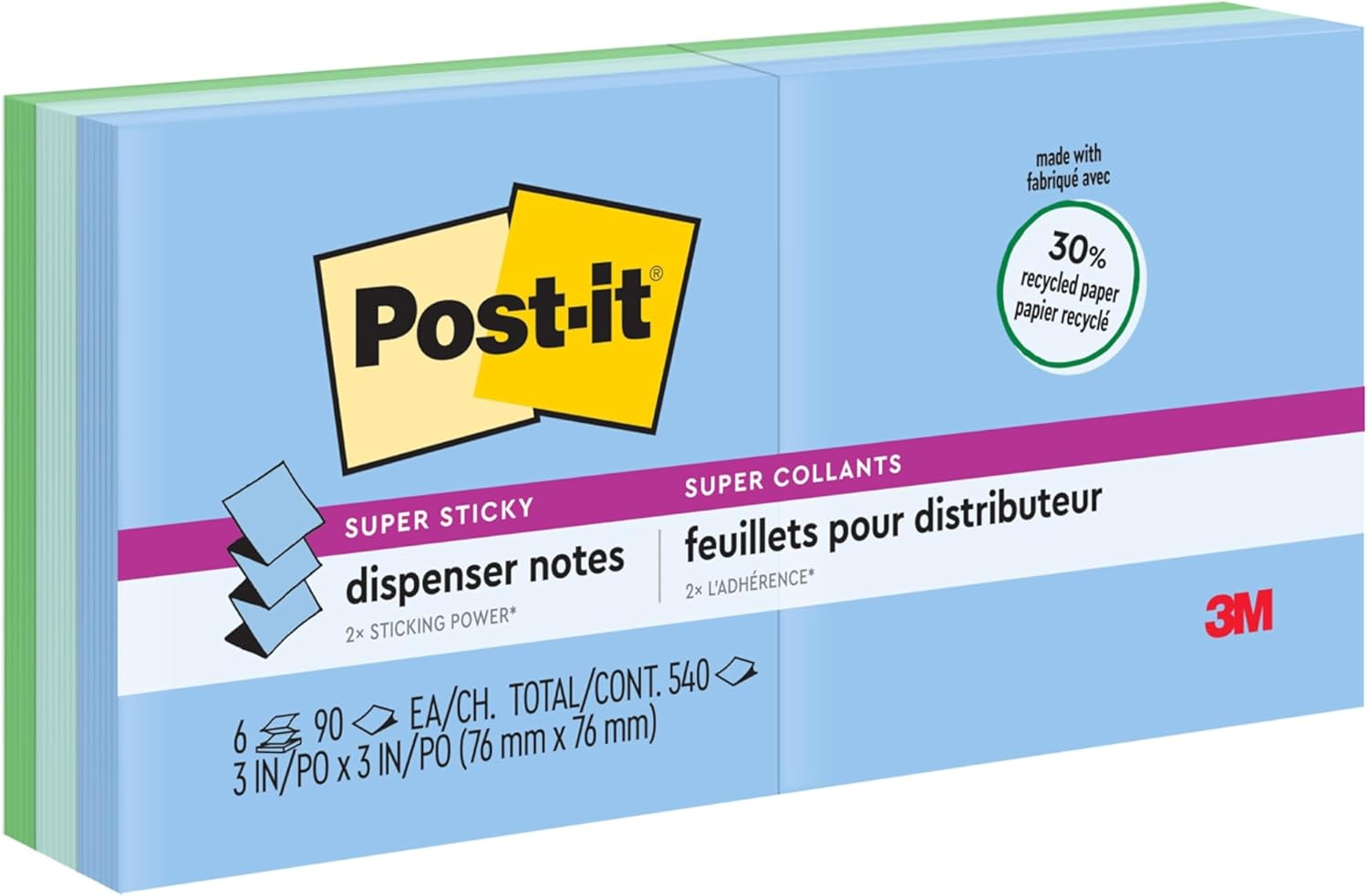 Post-It R330-6SST Super Sticky Pop-Up Notes, 76Mm X 76Mm, Bora Bora Collection Recycled, 6 Pads