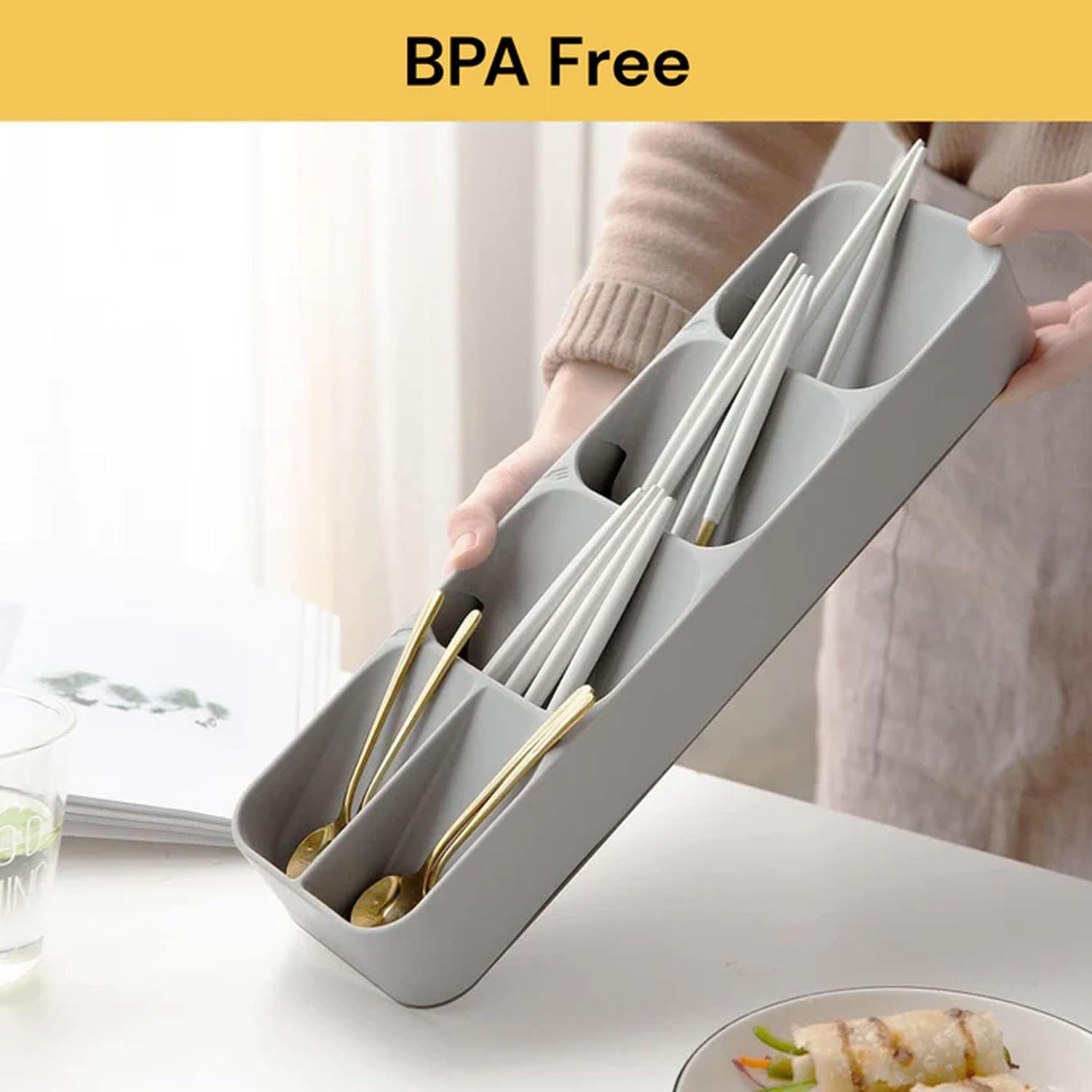 EZONEDEAL Kitchen Drawer Organizer, Knives Block & Cutlery Organizer Set, Cutlery Organizer in Drawer, Drawer Store Tray for Cutlery Knives Fork Spoon, Organizer Partition Storage Box (GREY) image number 6