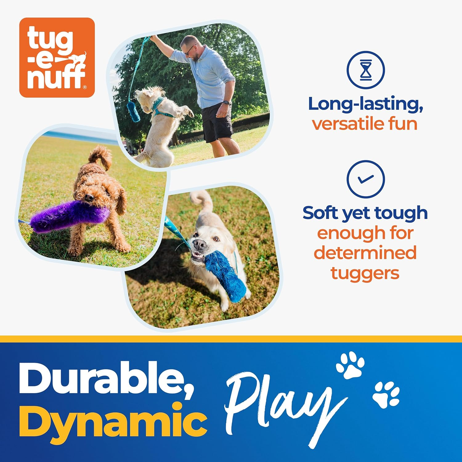 Tug-E-Nuff Faux Fur Squeaky Bungee Chaser Dog Toy, Tough Dog Tug Toy for Puppy, Small, Medium and Large Breeds, Interactive Training Chase Toys for Dogs, 46.5 In, Orange & Blue