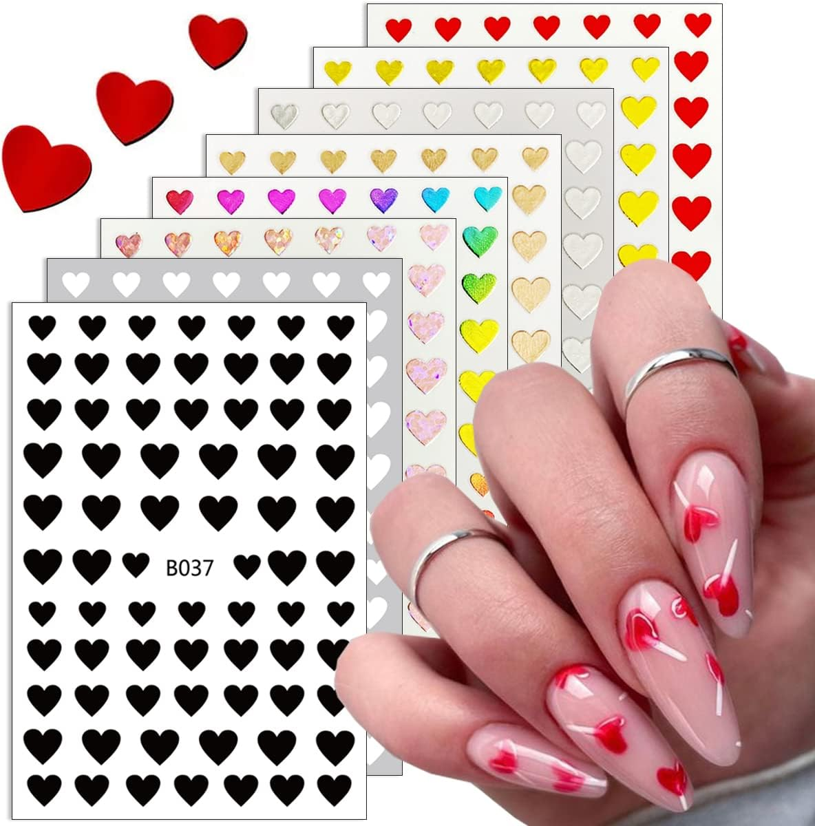 8 Self-Adhesive Nail Art Stickers - Heart & Nail Decorations image number 1