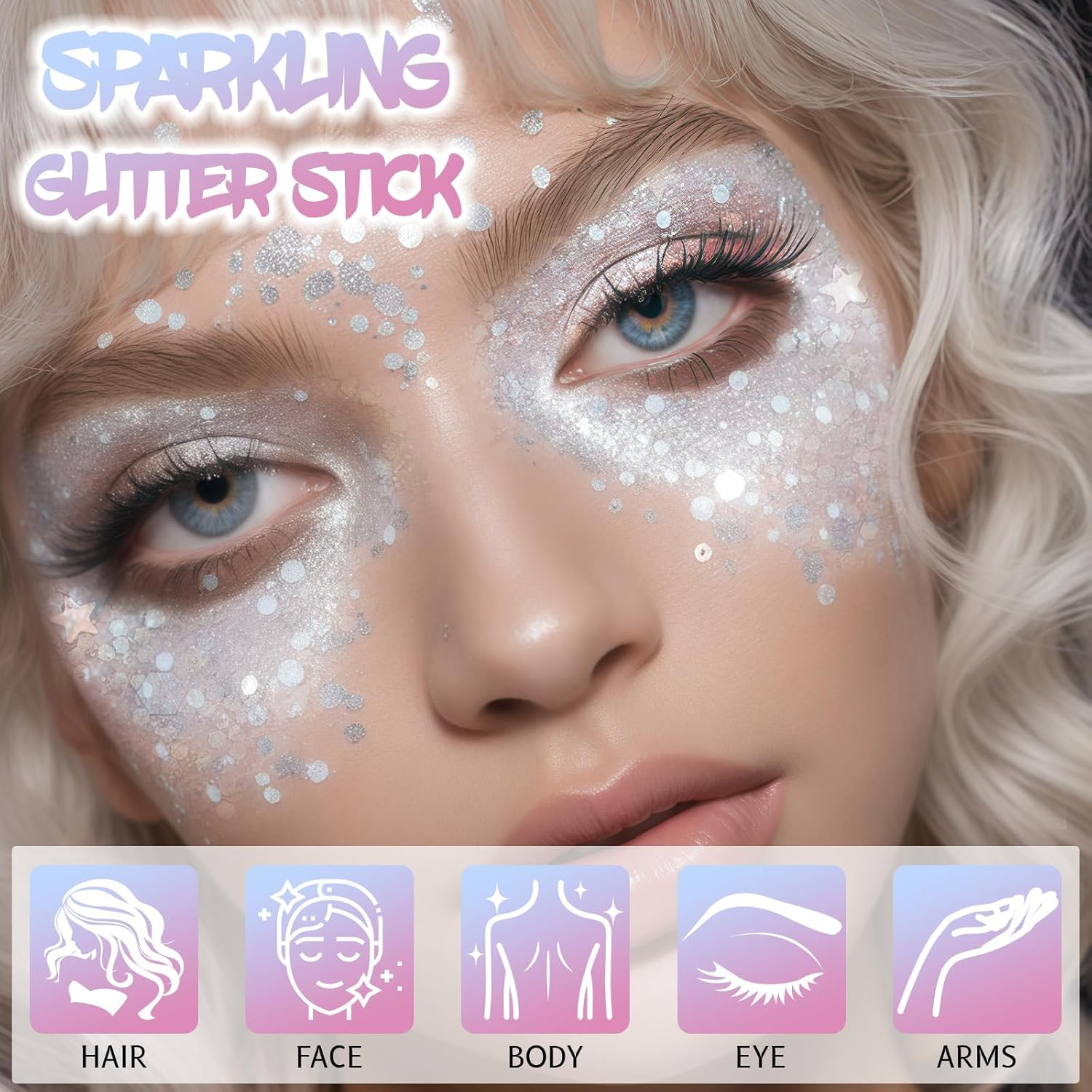 DAGEDA Body Glitter Stick, Mermaid Sequins Glitter Stick Face Body Sparkling Glitter, Chunky Holographic Hair Glitter, Durable Glitter Lips Nails Festival Rave Halloween Glitter Makeup(02 Silver) - Pink image number 7