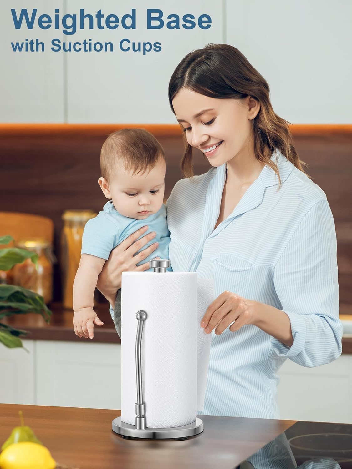 Paper Towel Holder, Non Slip Paper Towel Dispenser Standing Weighted Base,Spring Arm for Easy Tear, Stainless Steel Paper Towel Holder for Home Kitchen Countertop Tabletop
