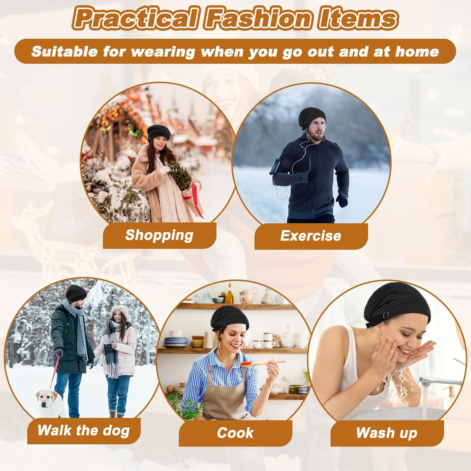 Double Layer Black Adjustable Hair Bonnets, Hair Cover Bonnet for Hair Care, Adjustment 50Cm/19.69In-66Cm/25.98Inunisex Windproof Hat Polyester Warm Beanie ﻿ image number 4