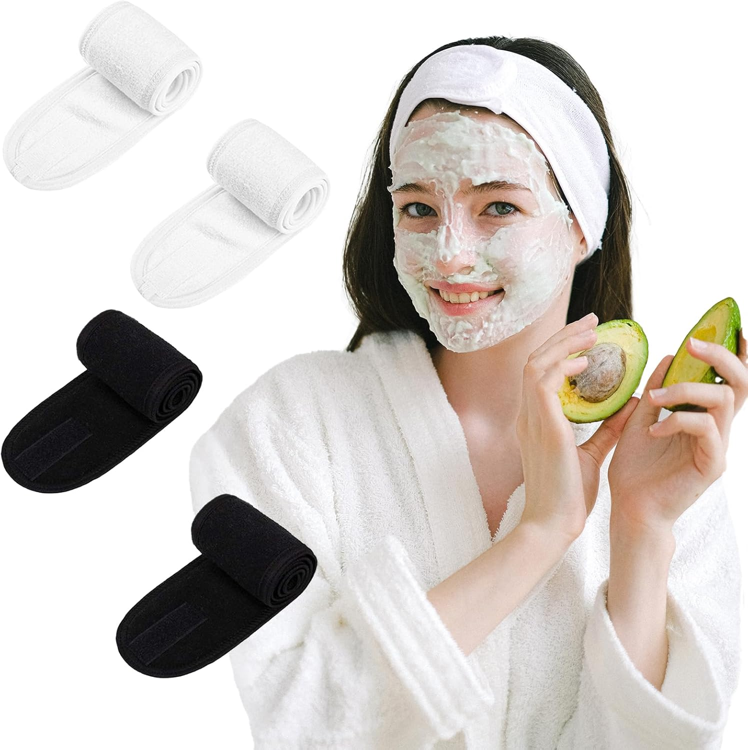 Mohern 4Pcs Spa Facial Headband, Makeup Bath and Sport Headband, Adjustable Terry Cloth Headband with Magic Tape(Black & White) image number 5