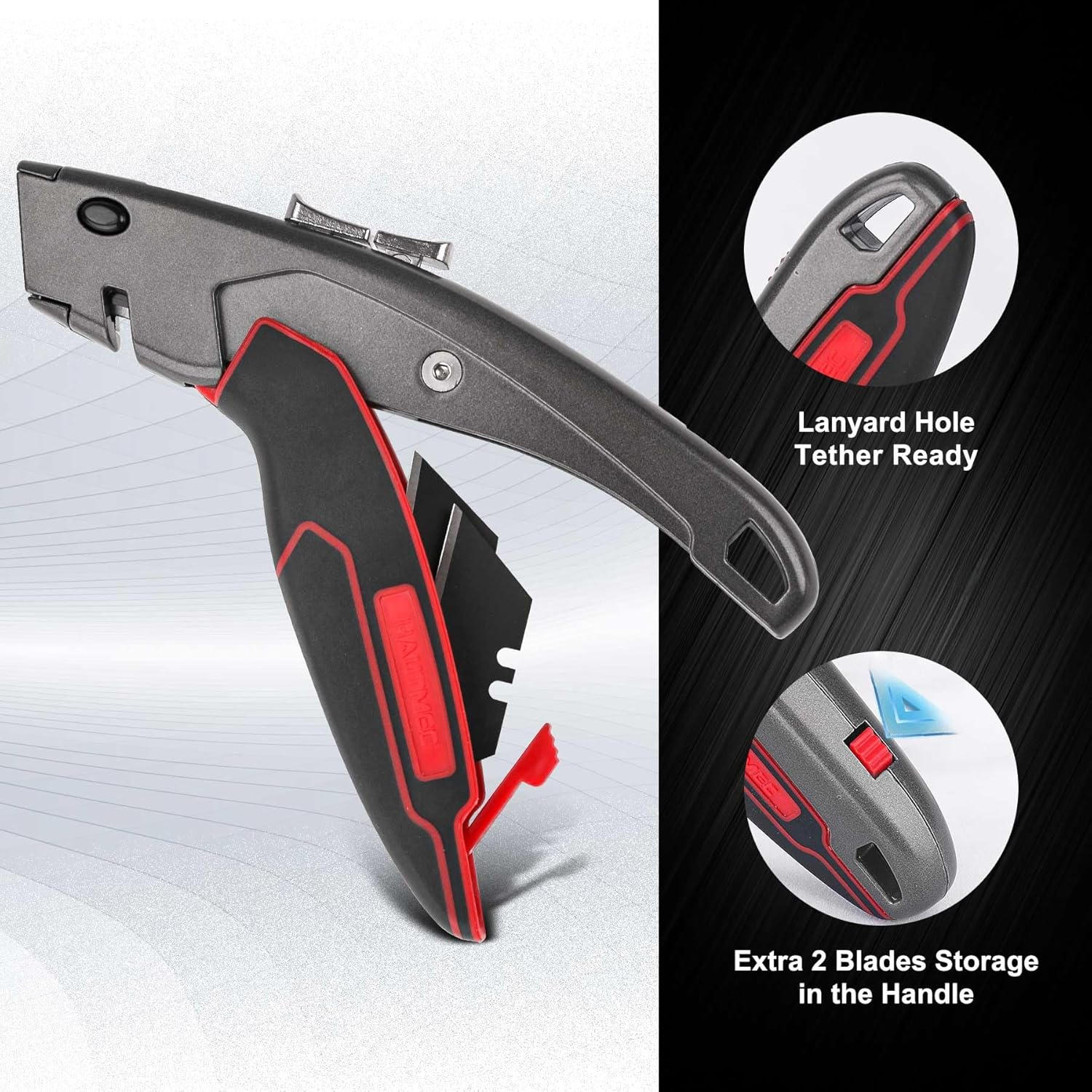 HAUTMEC Heavy-Duty Utility Knife, Safety Box Cutter with Auto-Retracting & 3-Position Locking Dual-System, Built-In Wire Stripper, Blade Storage and 3 Ultra-Sharp SK4 Blades &ndash; HT0311 image number 6
