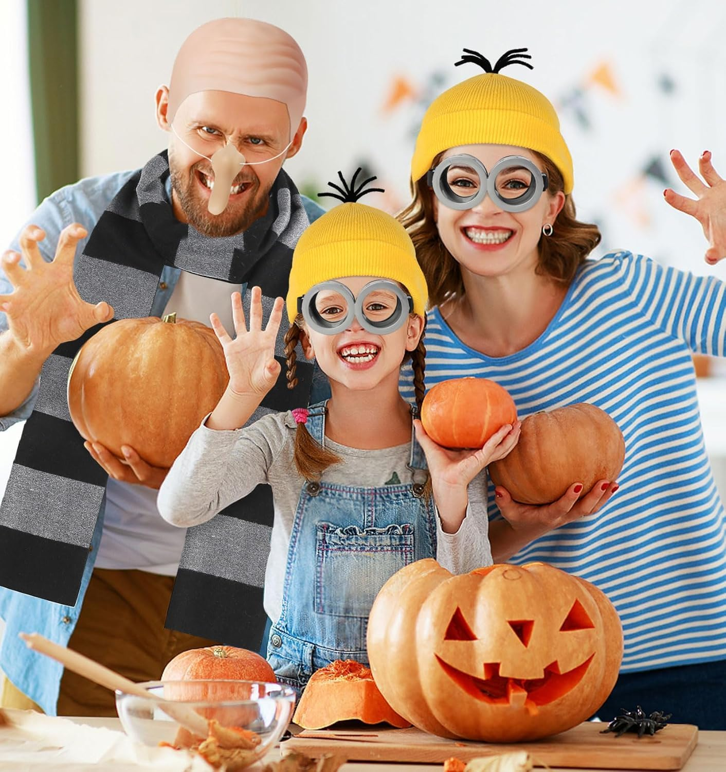 4 Pcs Halloween Costume Accessories for Adult,Black Gray Striped Scarf/Fake Nose/Bald Cap for Men Cosplay Set image number 5