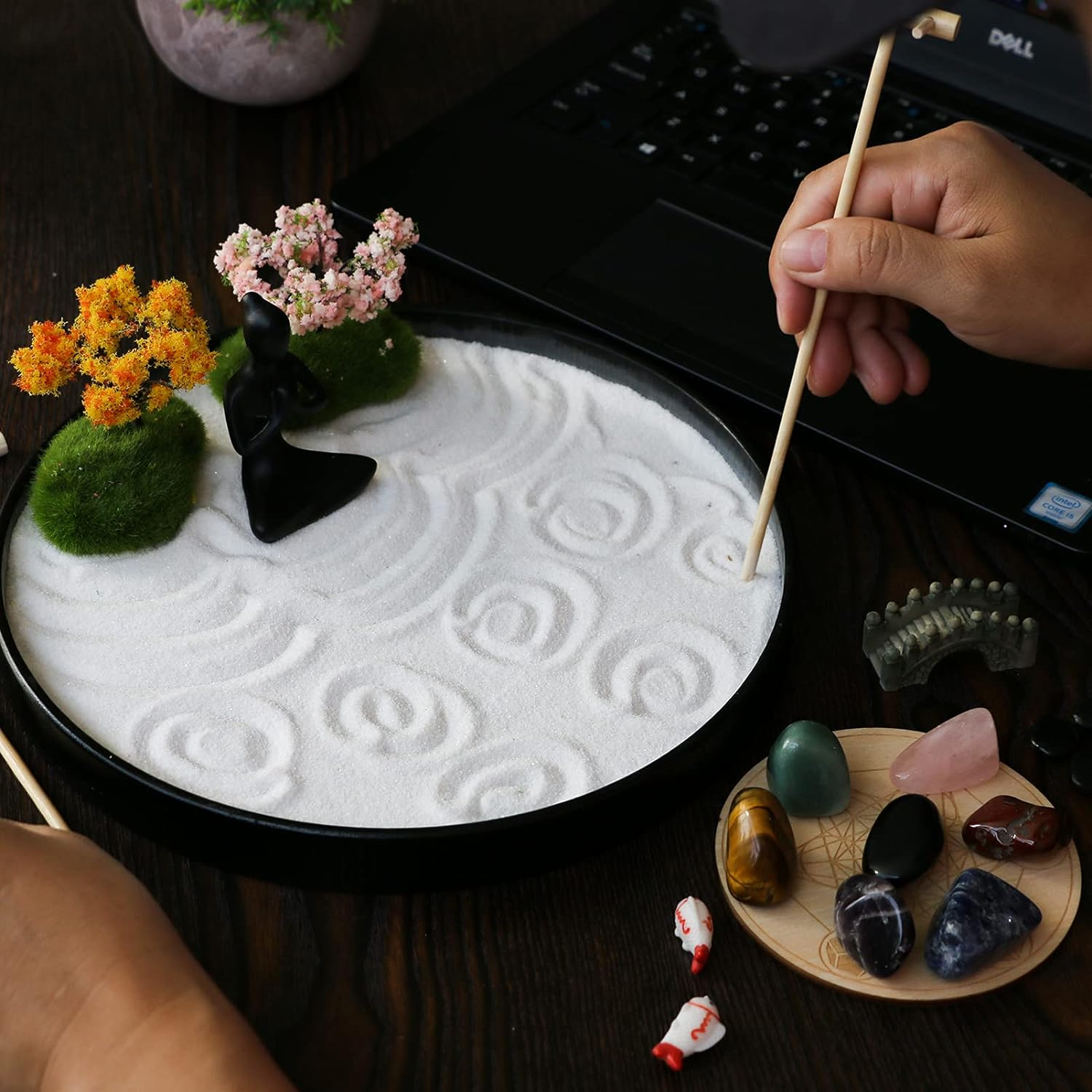 Zen Garden for Desk Tabletop Chakra Zen Healing Gifts Sand Tray Therapy Kit Set Japanese Decoration Crystal Quartz Rock Mini Garden Home Office Stress Relief Spiritual Decor Healing Gifts for Yoga image number 3