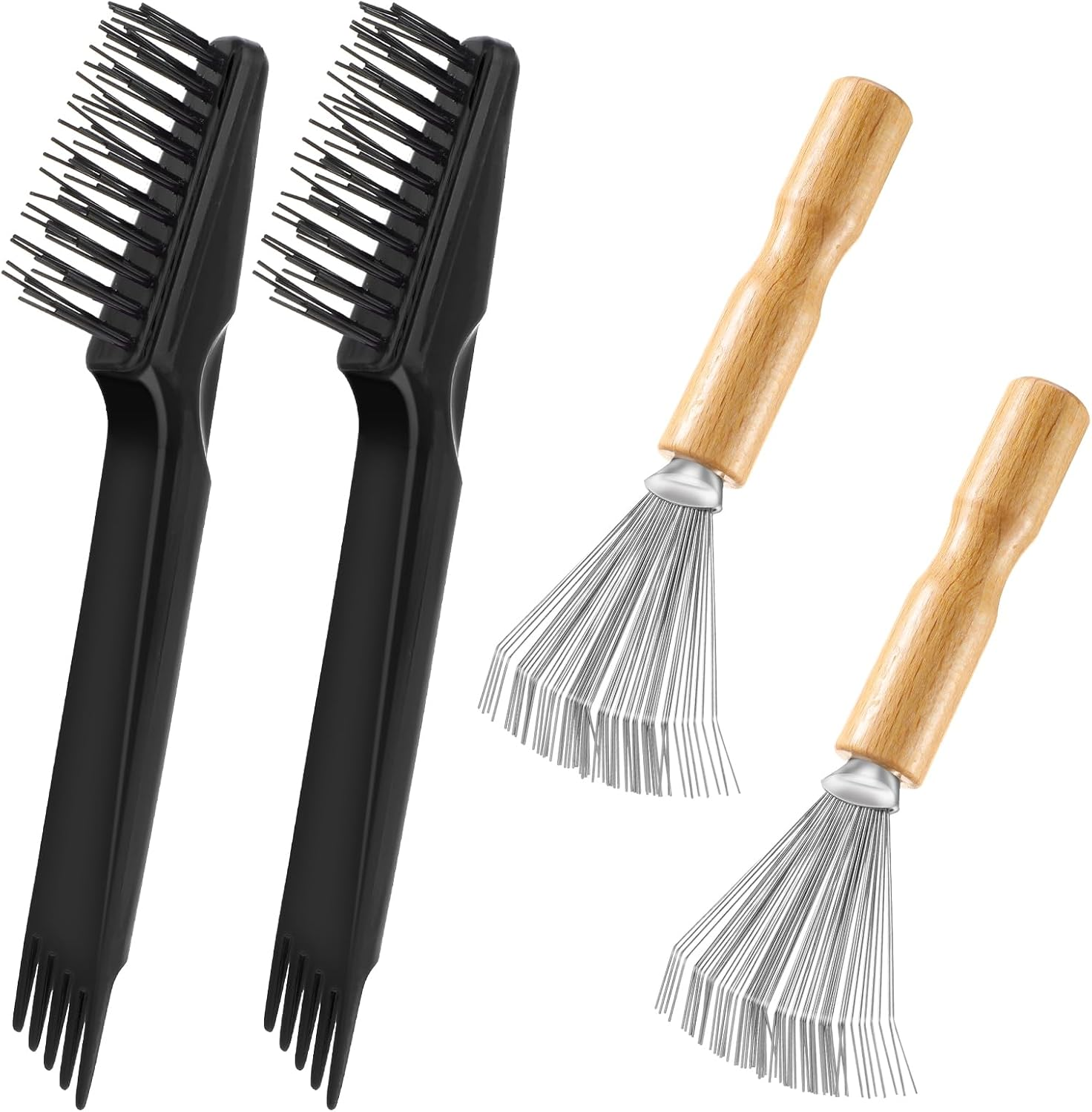 Telooco 4Pcs Hair Brush Cleaner Tool Double Head Comb Cleaner Wooden Handle Metal Wire Brush Rake Hairbrush Cleaning Tool for Removing Tangled Hairs and Dust Home Salon Use