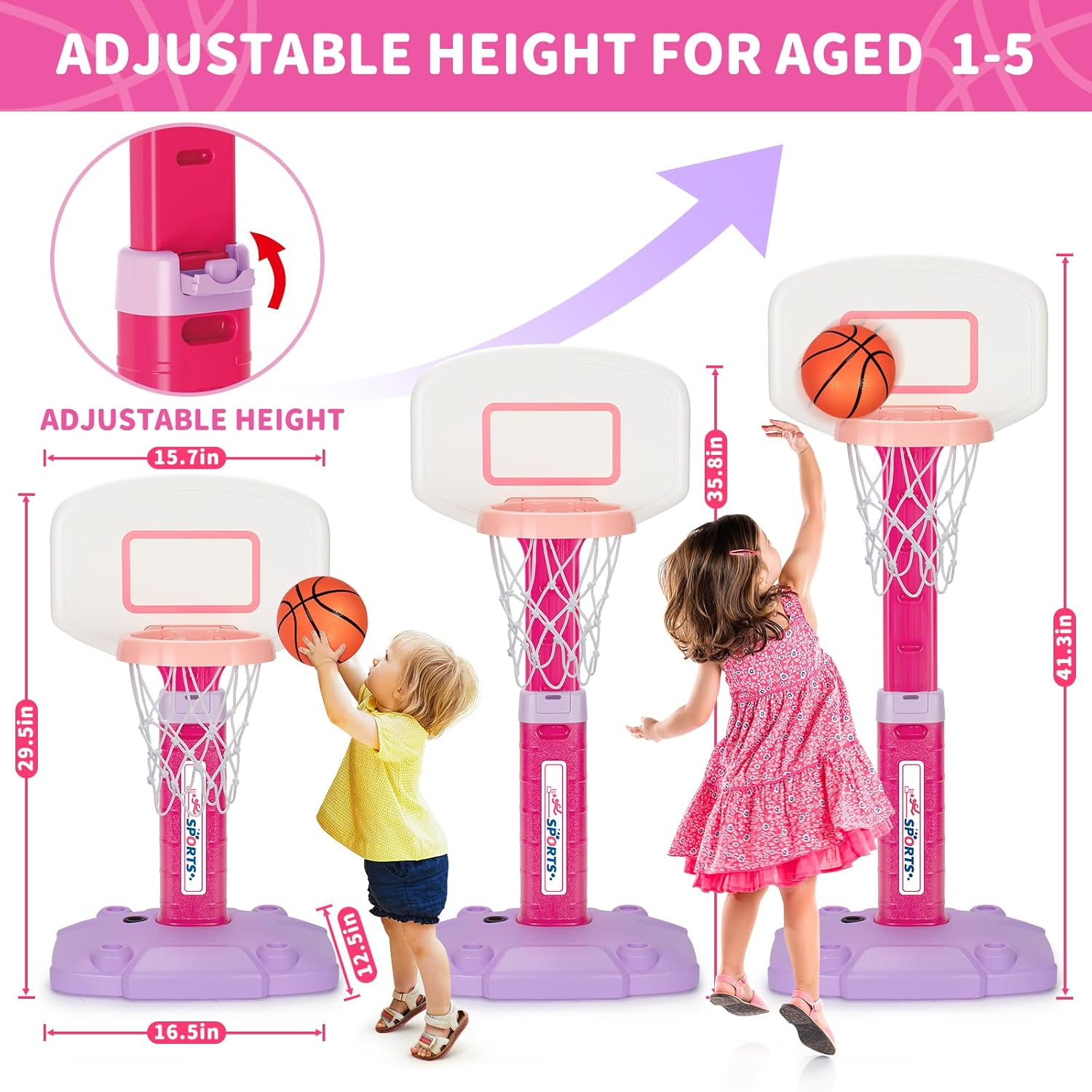 Toddler Basketball Hoop Indoor for Age 1-3, Adjustable Kids Basketball Hoop, Pink Mini Basketball Hoop with 3 Balls for Outdoor Poolside, Birthday Christmas Sport Toys for Baby Boys Girls 2 3 4 5 image number 2