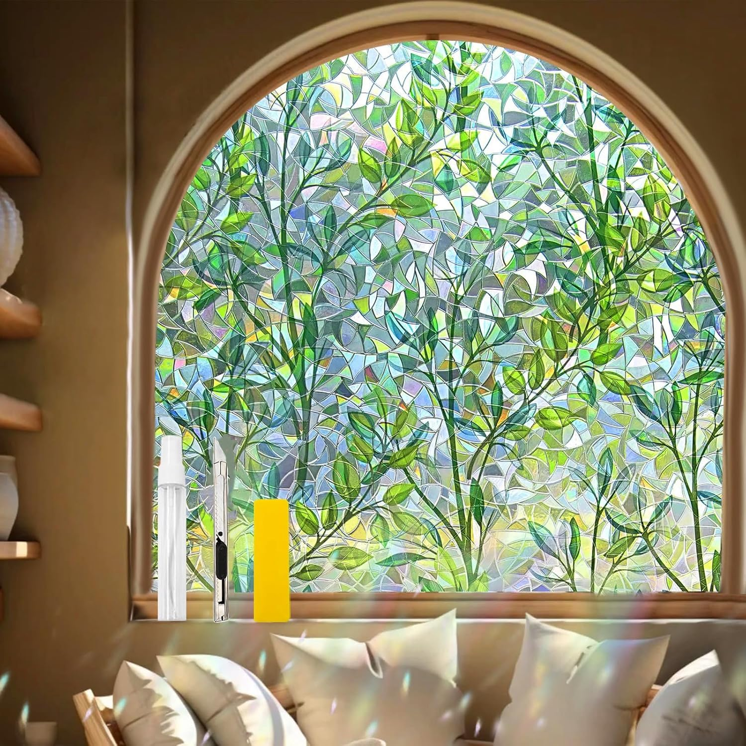Window Privacy Film with Installation Tool,Stain Rainbow Window Film Sticker, Vinyl 3D Sticker, Removable, Static Adhesive, Thermal Control, UV Protection (44.5 * 200 Cm) image number 6