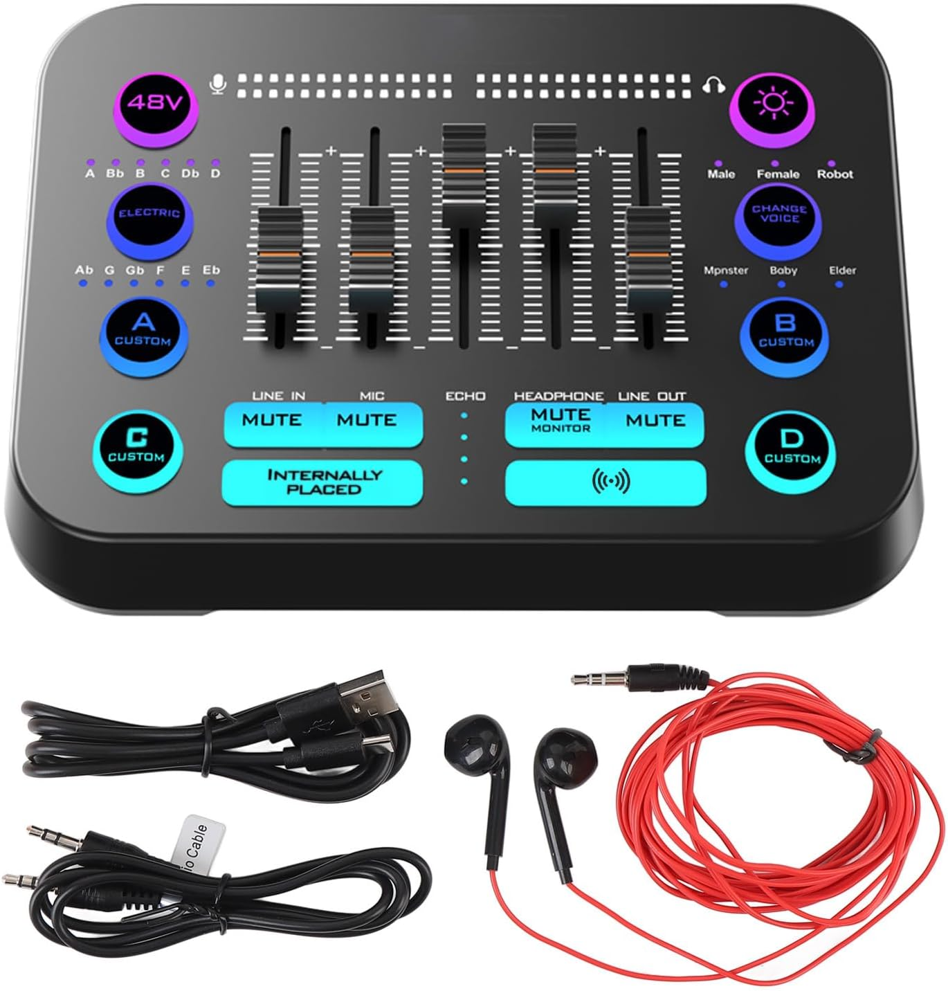 Gaming Audio Mixer, Streaming RGB PC Mixer, with 48V Phantom Power, BT, Individual Control, Volume Fader, Mute Button, for Podcast, Recording image number 2