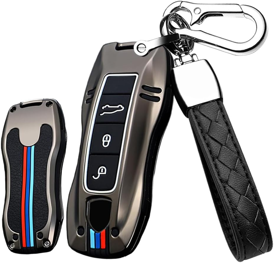 HIBEYO 3/4 Button Key Fob Cover for Porsche 911 Cayenne Macan Panamera Taycan Smart Key Cover for Porsche Keyless Entry Remote Shell Accessories-A Keychain Black