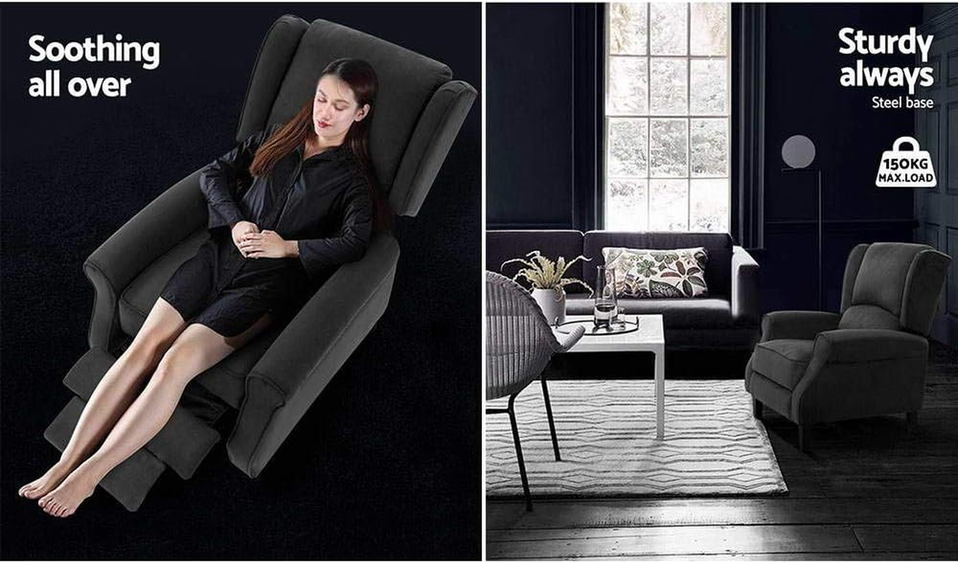 Artiss Recliner Chair, Fabric Recliners Sofa with Adjustable Backrest Footrest, Charcoal Lounge Couch Armchair with Study Steel Base, Nursing Feeding for Living Room, Bedroom