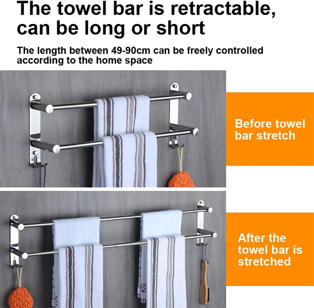 Honphier&reg; Towel Rail Chrome Stainless Steel with Hook Retractable 49-90 Cm Towel Rail Bathroom Wall Mounted Towel Holder for Bathroom Kitchen Toilet Hotel Towel Holder image number 3