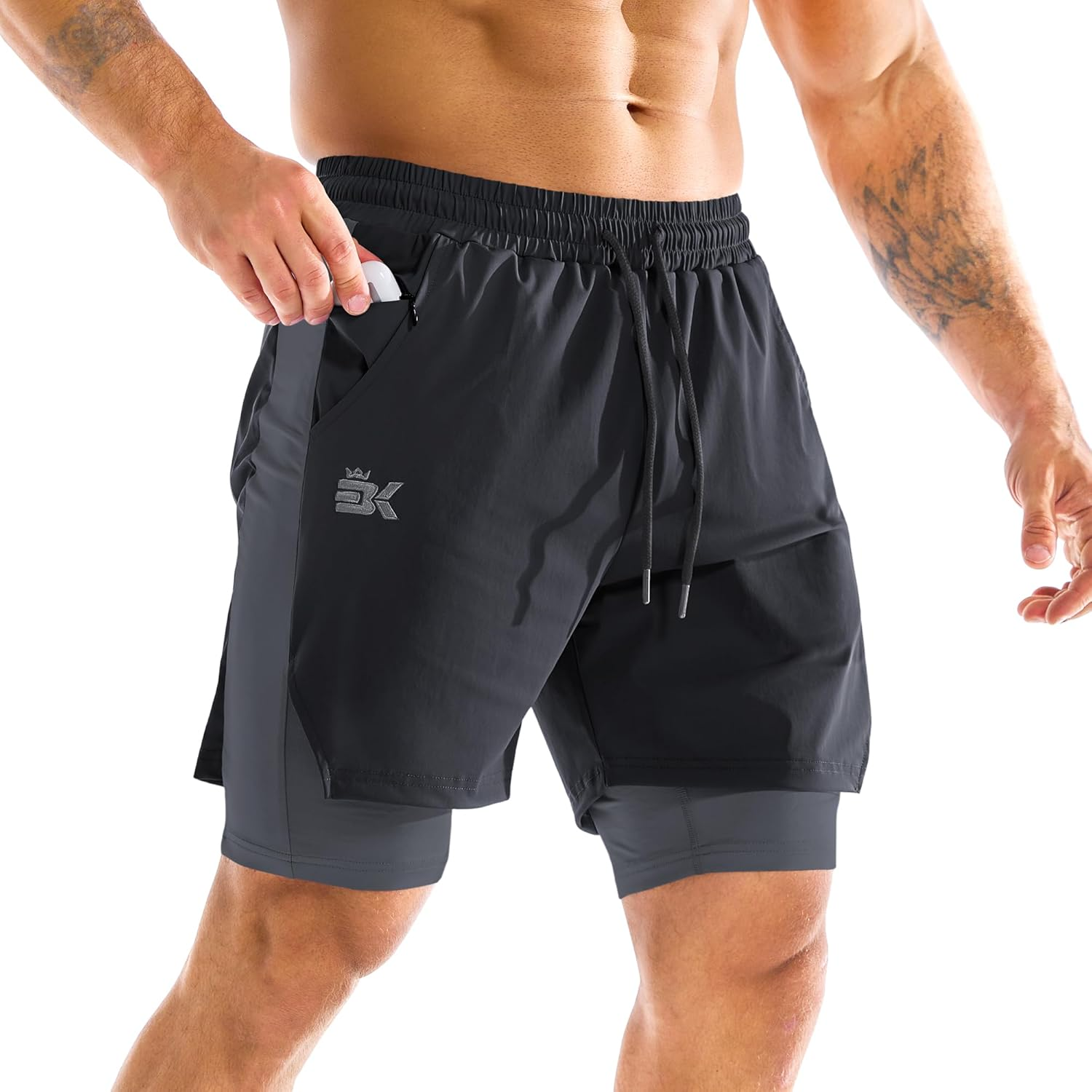 BROKIG Men'S Liner Gym Shorts, Lightweight Running Sport Workout Tennis Short Training Athletic with Zip Pocket