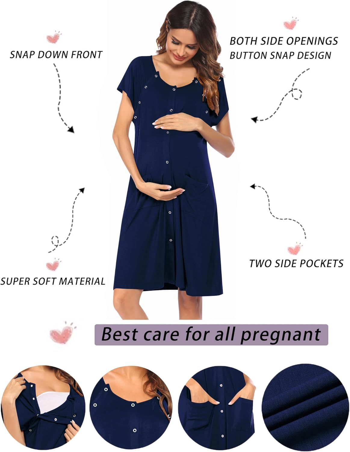 Ekouaer 3 in 1 Nursing Dress Maternity Nightgown Labor/Delivery Breastfeeding Birthing Gown with Button image number 4