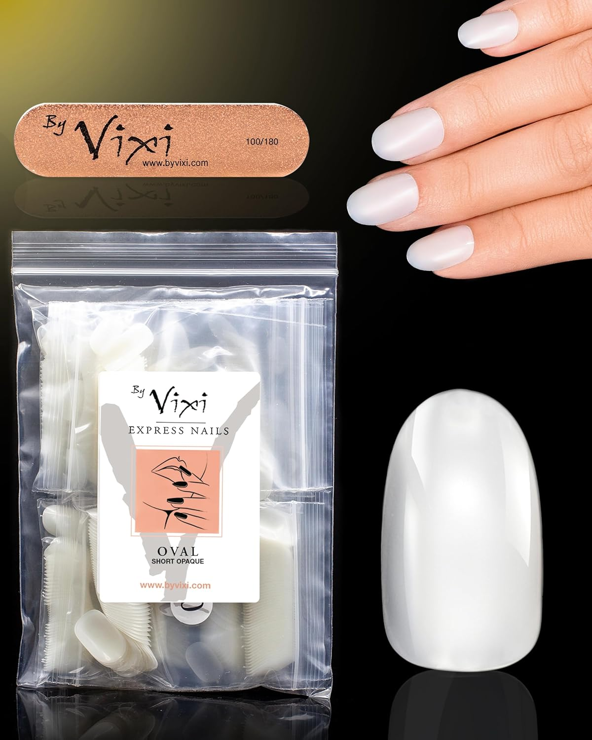 By Vixi 600 MEDIUM ALMOND NAIL SET with PREP FILE, 10 Sizes &ndash; Opaque Express Full Cover False Fingernail Extensions for Salon Professionals & Home Use