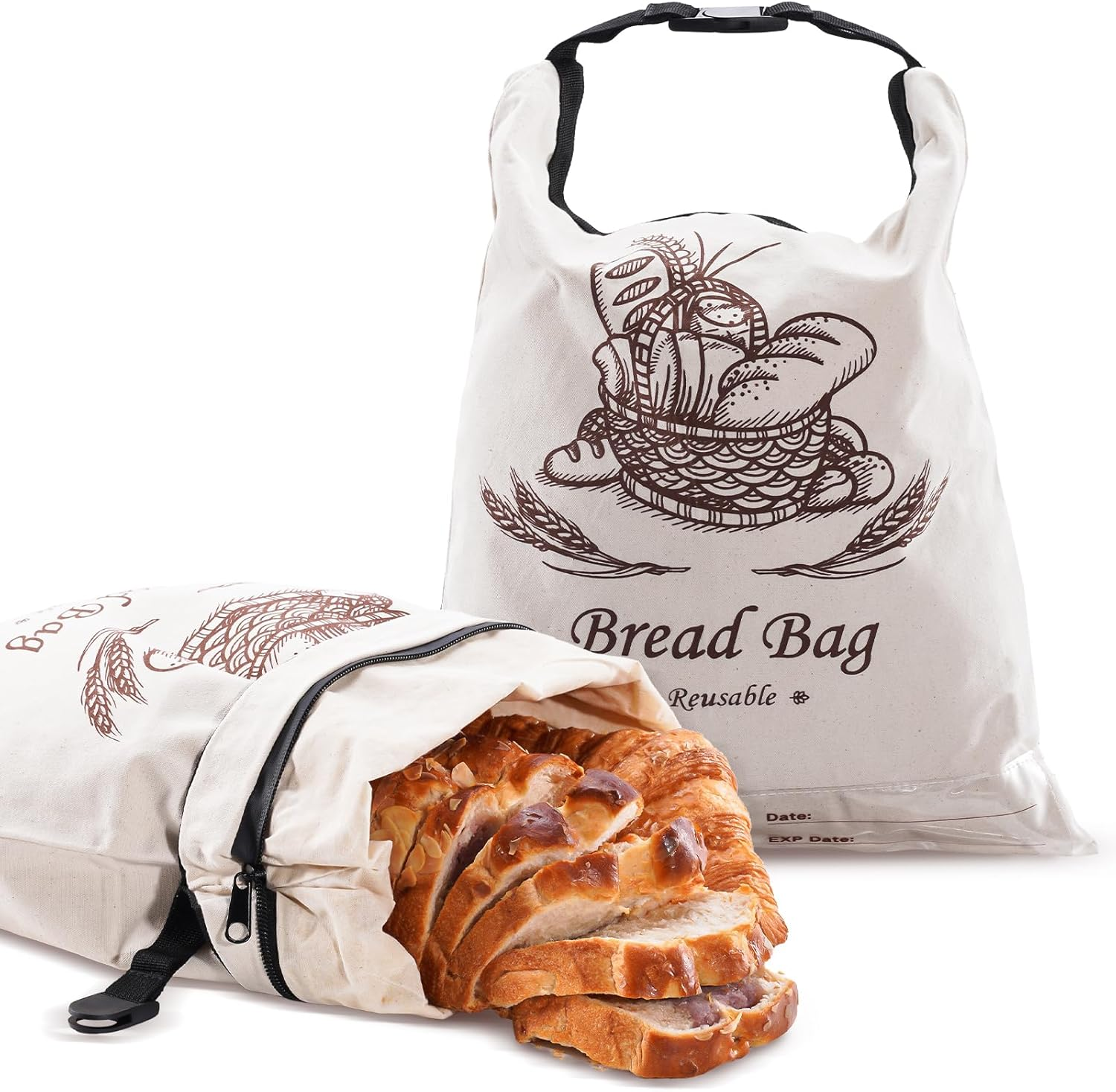 Puricon 2 Pack Reusable Beeswax Bread Bags for Homemade Bread, Large Capacity Linen Sourdough Bread Bags with Date Tracking Label, 12.4&times;16.5 Inch Bee Wax Bread Storage Bag image number 1