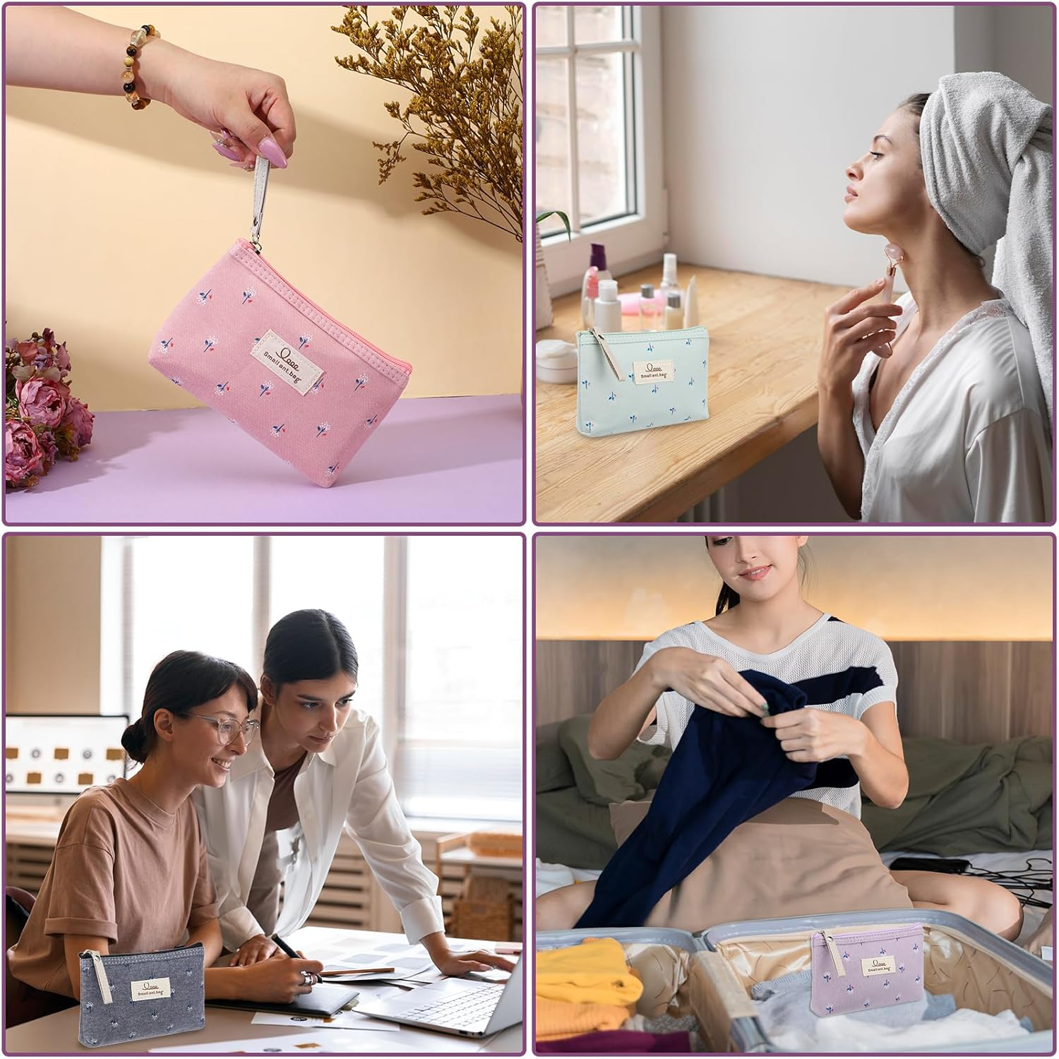 LIQWEI Pack of 4 Small Cosmetic Bag, Travel Portable Makeup Bag, Multifunctional Canvas Cosmetic Bag, Wash Bag, Toiletry Bag for Women, Zip Coin Bag (18 X 13 X 3 Cm) image number 4