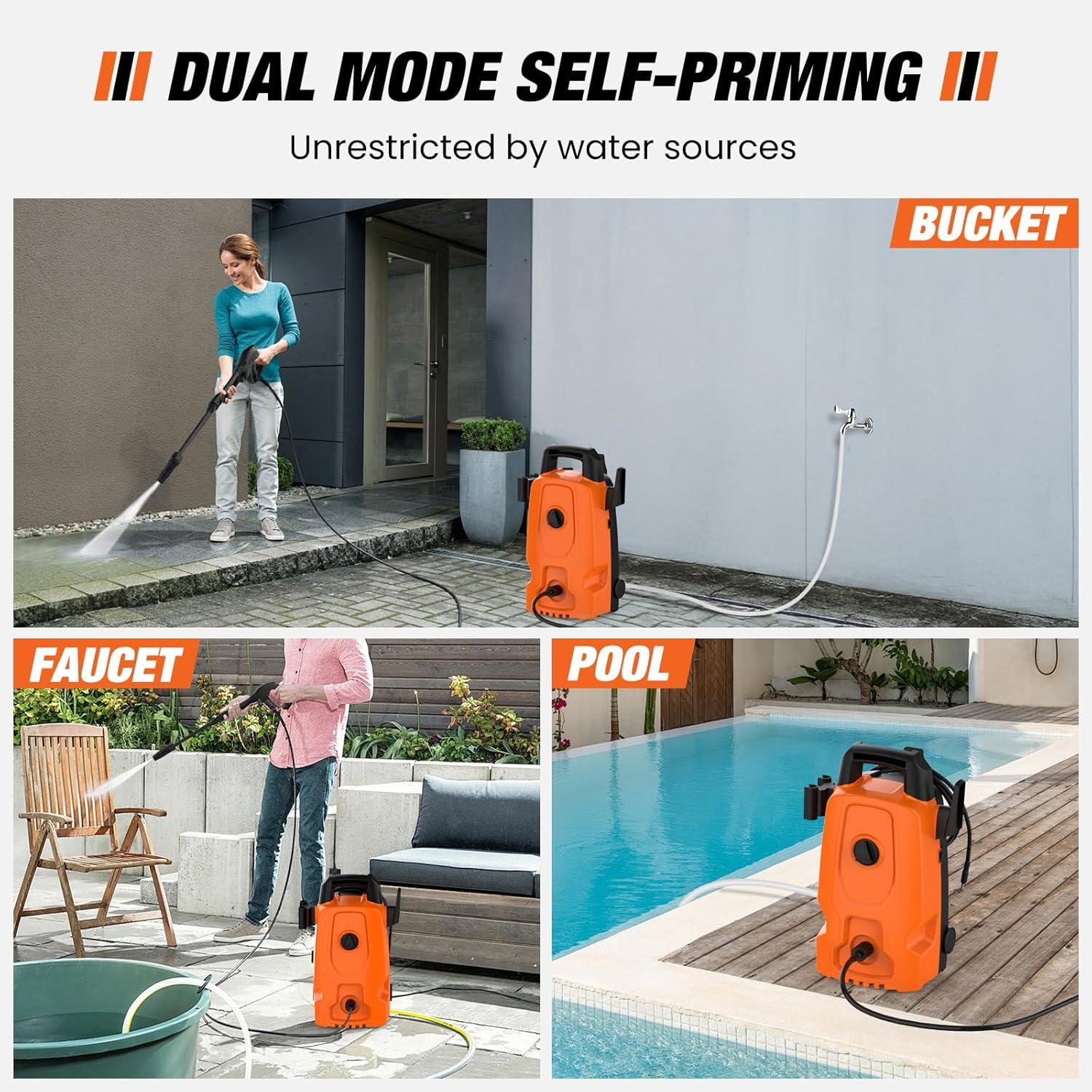 ADVWIN 3500PSI Pressure Washer, 2000W Electric High Power Washer Adjustable Spray Gun with 5M High Pressure Hose, Power Cleaner Machine for Cars/Fences/Driveways/Patios/Home Cleaning, Orange image number 4