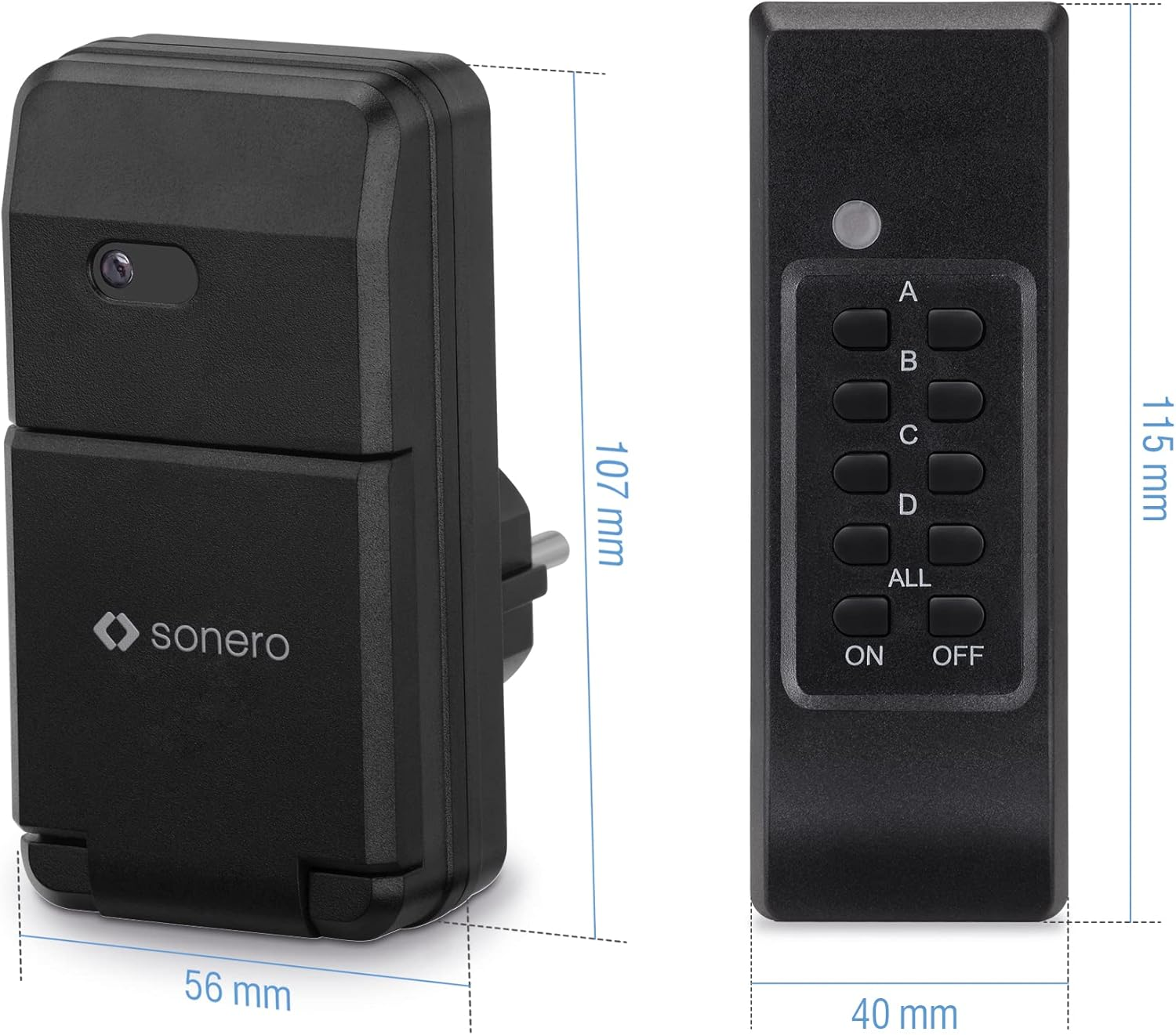 Sonero Radio-Controlled Socket Set: 2 X Radio-Controlled Sockets and 1 X Remote Control, 1100 Watt, Max. 30 M Range, Outdoor, Black image number 1