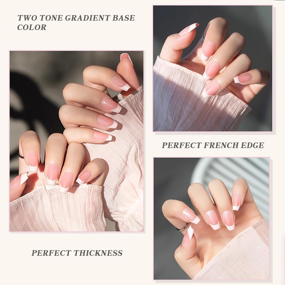 QISANKEE Short French Tip Nails - Press on Coffin Fake Nails, False Nails with Designs - Pink French Tip Artificial Stick on Nails - 24 Pcs/Set