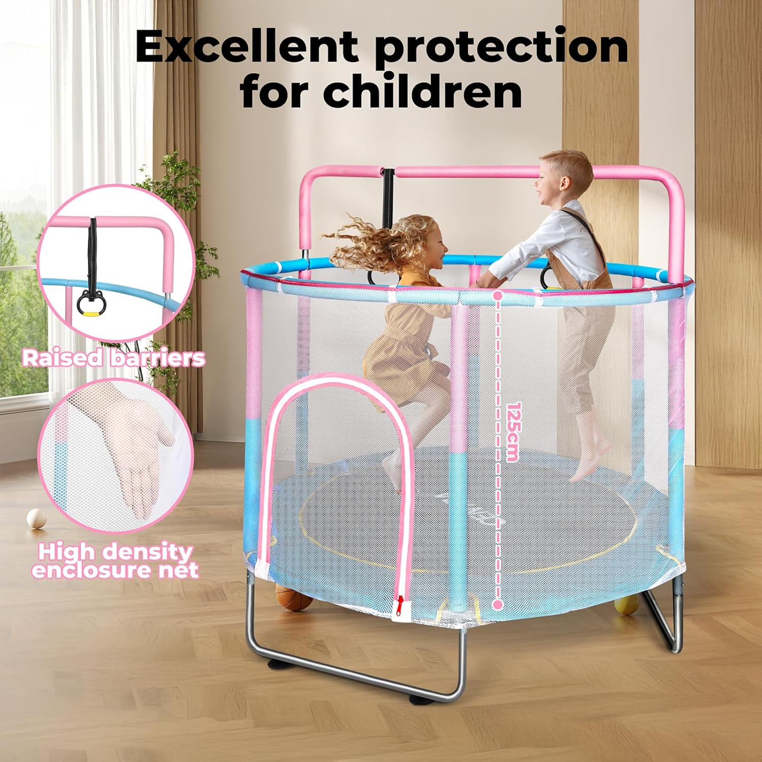 Centra 55'' Trampoline for Kids, Toddler Trampoline Indoor/Outdoor, Mini Toddler Trampoline with Enclosure Net, No-Gap Safe Design, Recreational Trampolines, Gifts for Boys and Girls, 3 Years+ image number 3