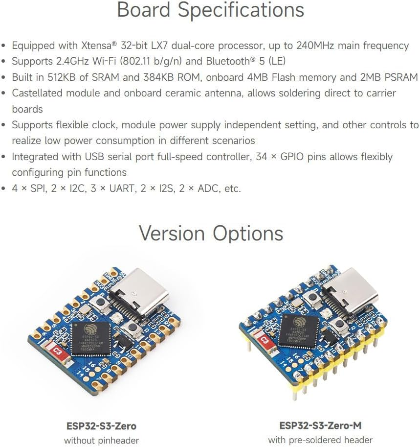 Waveshare ESP32-S3 Mini Development Board, Based on ESP32-S3FH4R2, Onboard Multi-Function GPIO Pins, Dual-Core Processor, 240Mhz Running Frequency, 2.4Ghz Wi-Fi & Bluetooth 5-[3PCS] image number 5