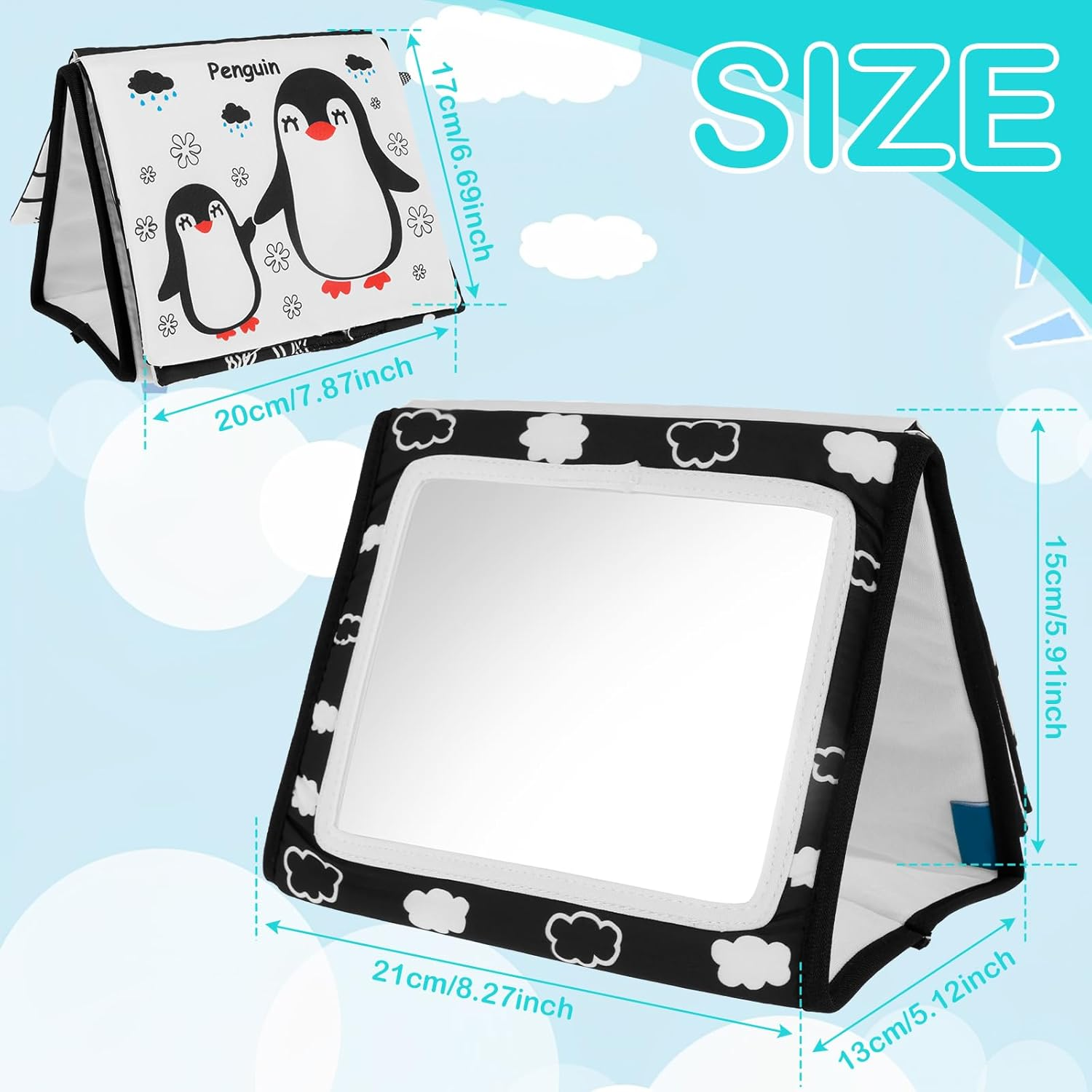 Tummy Time Mirror Toys for Babies, Foldable Baby Floor Mirror Cloth Books, Montessori Newborn Infant Toys - 8 Pages Cloth Books Early Learning Baby Mirror for 0-12 Months (B) - B image number 2