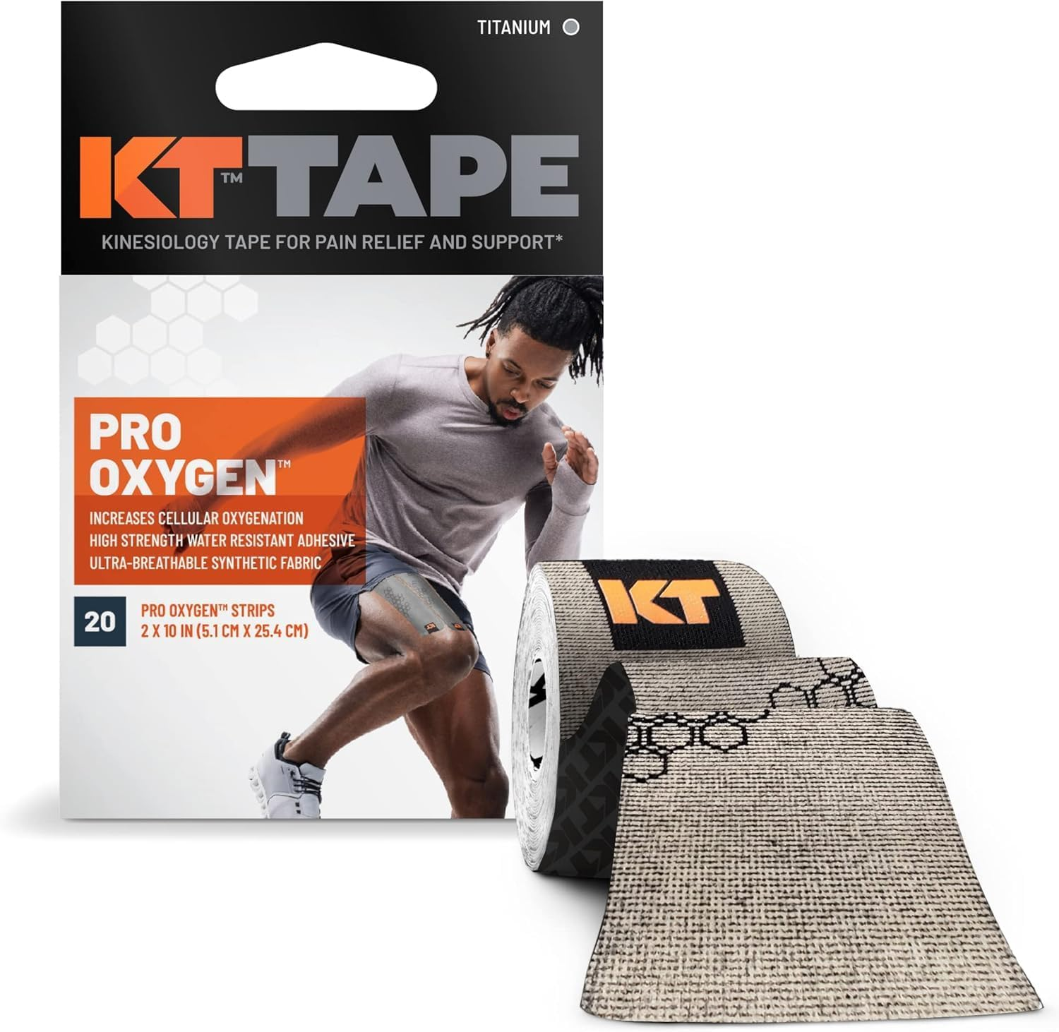KT Tape Pro Oxygen, Synthetic Kinesiology Athletic Tape with Celliant Technology, 20 Count, 10" Precut Strips, Titanium