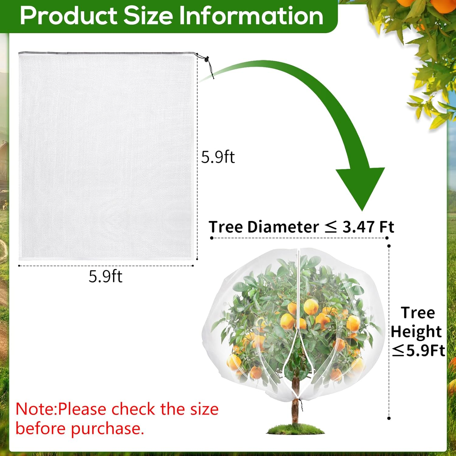 5.9 X 5.9 Ft Fruits Tree Netting Cover with Zipper and Drawstring,Garden Insect Netting Plant Cover Transparent Bird Plant Barrier Flower Fruits Mesh Screen for Preventing Deer Squirrel Bug image number 2