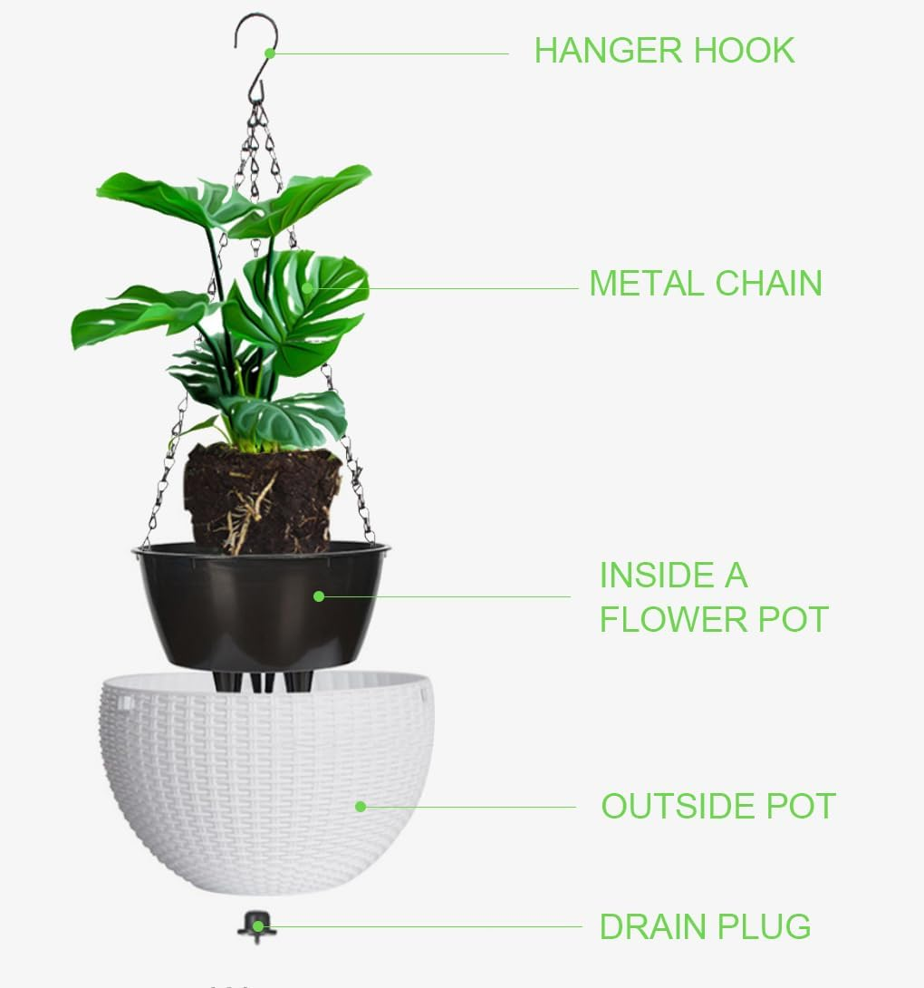 Springup 2 Pack 8.3 Inch Hanging Planters for Indoor Outdoor Plants, Trendy Rattan Design Hanging Flower Pots with Drain Holes, Plant Containers for Garden,Home Decoration,Gift (White) - Dark Grey image number 4