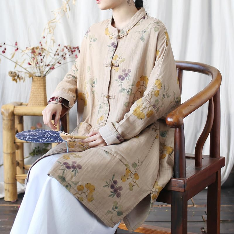 Vintage Ethnic Style Stand-Collar Frog-Button Long-Sleeve Womens Linen Blend Outer Top Beige image number 3