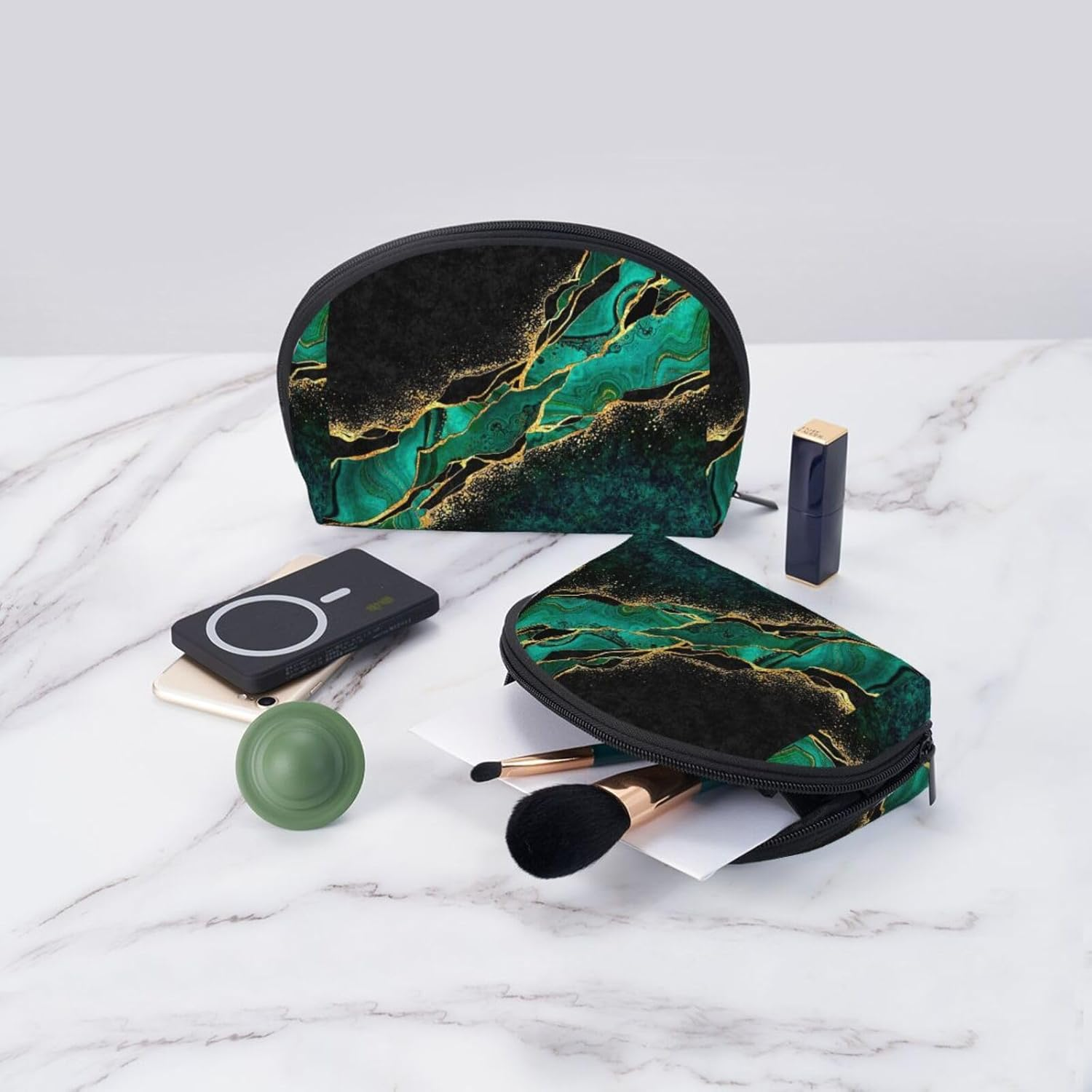 Cozimangoe Coin Pouch Makeup Bags Set, 2 Piece Shell Shape Cosmetic Bag with Pockets for Daily Travel Handbag Lipstick Keys Toiletry, Personalized Black Teal Marble & Malachite with Veins Gold Spots image number 5