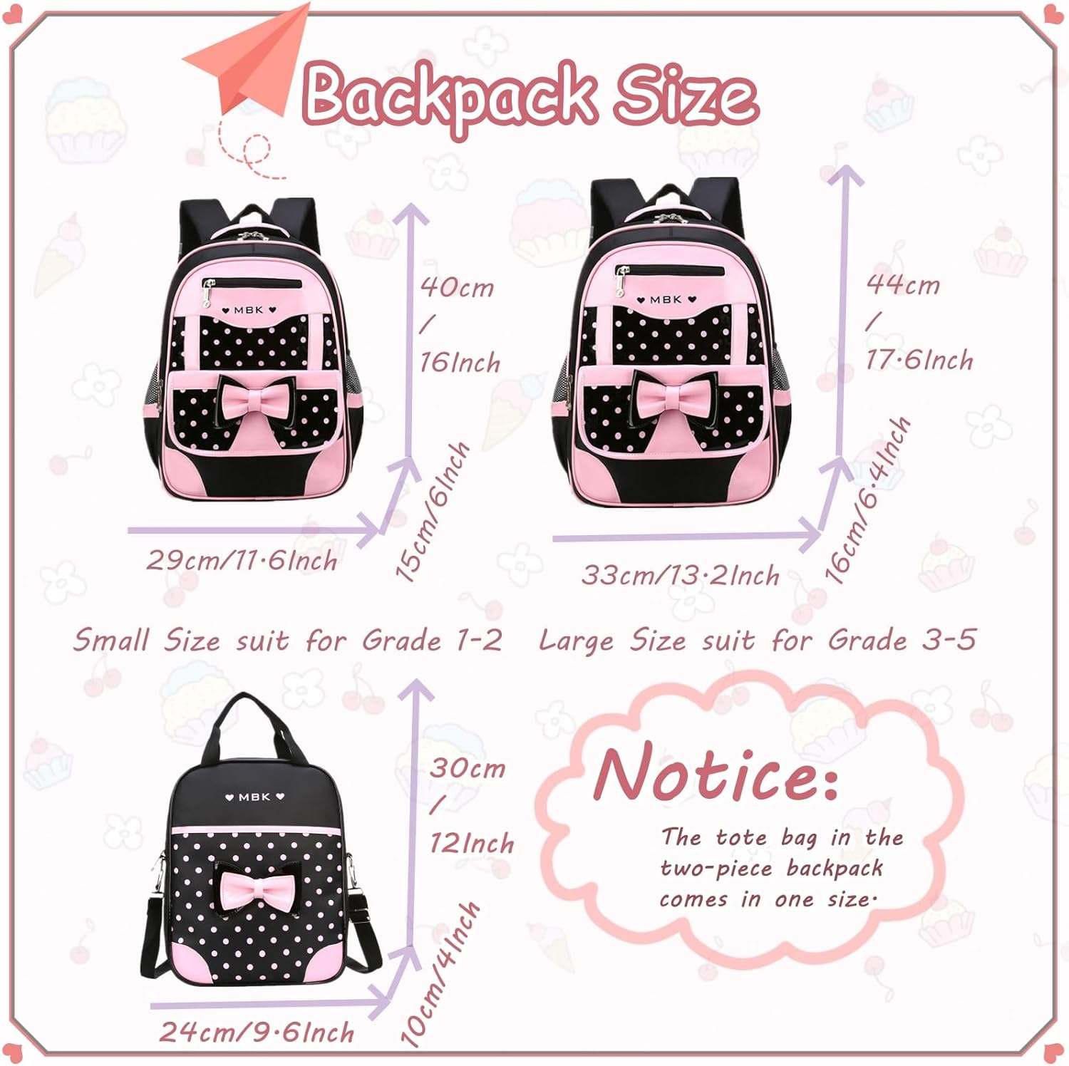 VIDOSCLA Bowknot Wave Point Prints Primary School Bookbag Rucksack Kids School Backpack Sets Student Book Bag for Students image number 4