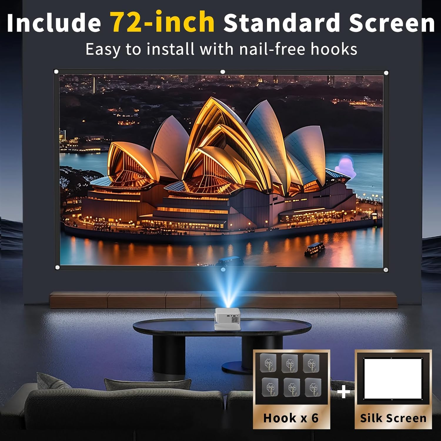 Laimio 1080P & 4K Supported Projector with Projector Screen, Auto Keystone Correction & 360&deg; Rotation, Wifi6 & BT5.4 Portable Mini Projector for Home Cinema, Outdoor Movie and Room Entertainment-White - Black image number 6