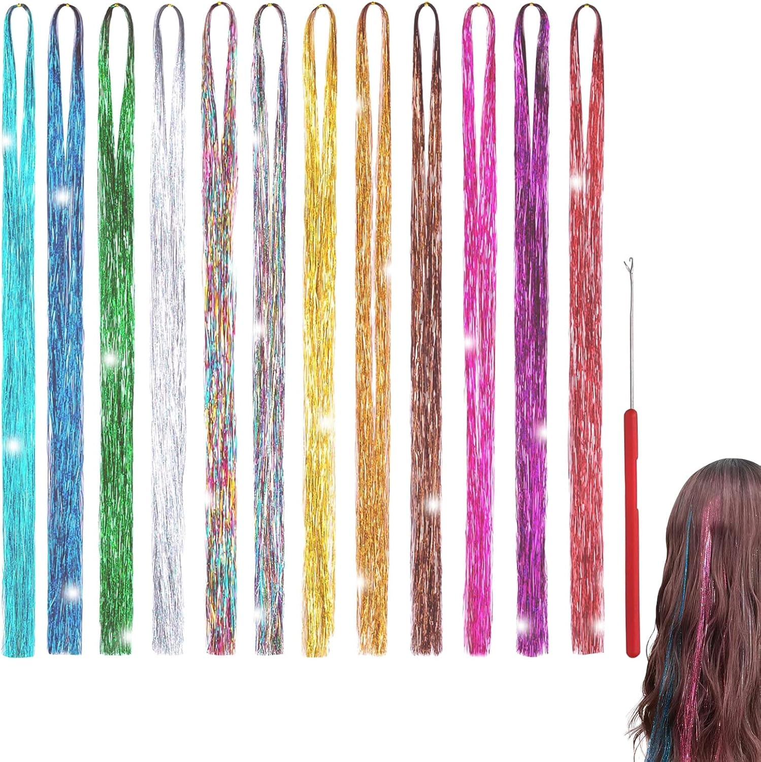 Hair Tinsel, Hair Glitter, Braiding Hair Extensions, 12 Color 2400 Silk Hair Tinsel with Tool, Extensions Highlights Multi-Colors Synthetic Shiny Hair, Suitable for Women and Girls Party Look image number 1