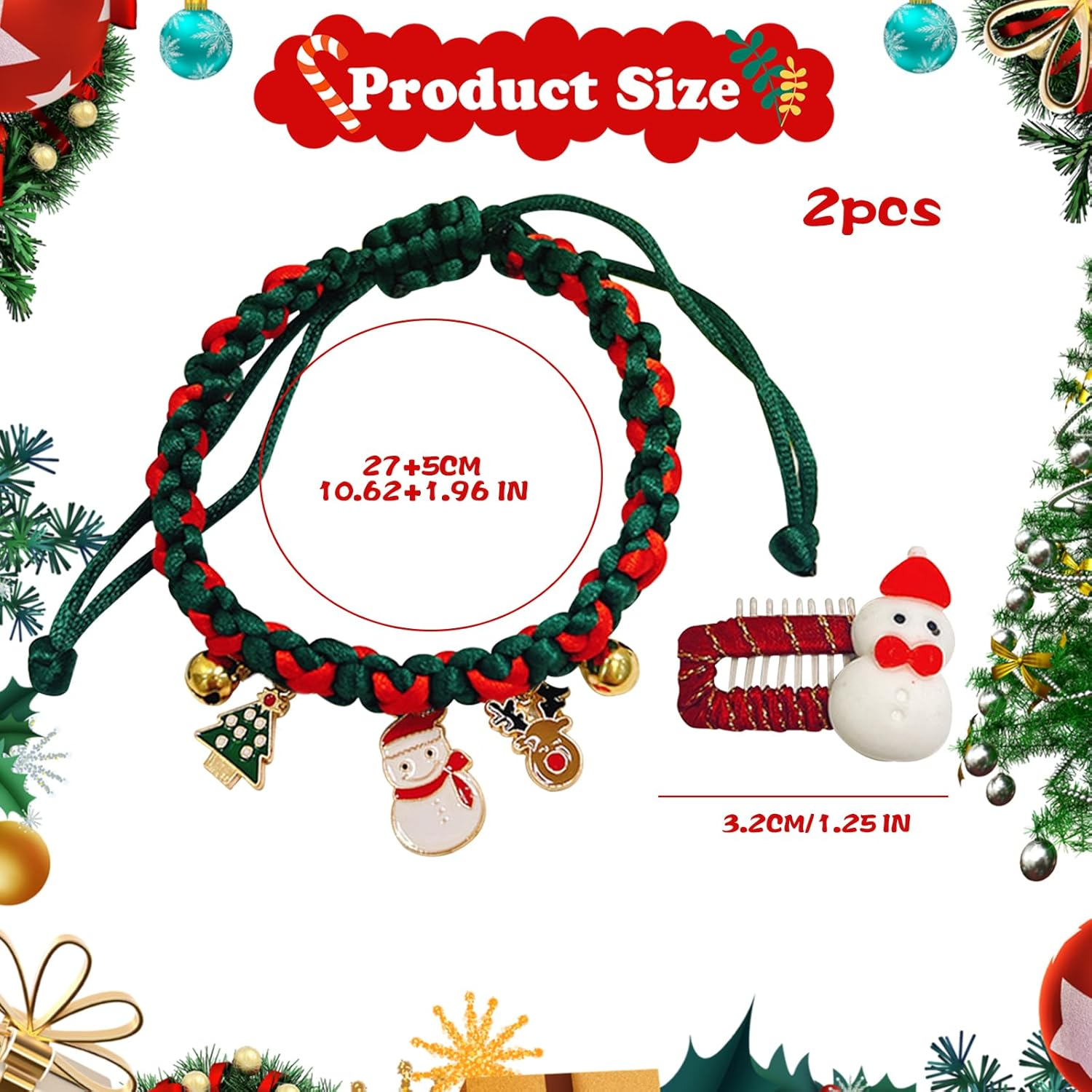 Christmas Adjustable Cat Collar,Christmas Handmade Woven Dog Cat Collar with Bell,Christmas Pet Collar and Hair Clip Ornaments for Small,Medium Cat Dog Christmas Party Accessories (B)