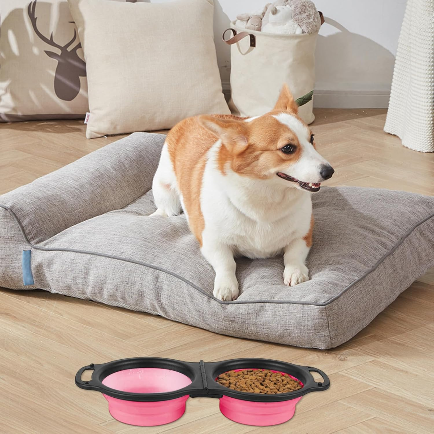 Collapsible Dog Food Water Bowl, 2 in 1 Silicone Double Bowl, Portable Travel Pet Feeder Bowl, Expandable Pets Bowl with Carabiner for Walking, Traveling, Hiking, Camping (Pink, Size-1) image number 1