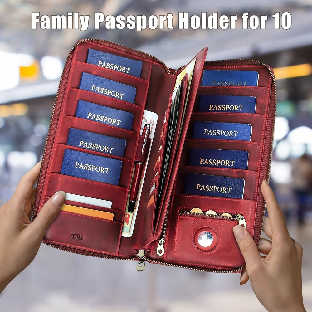 CONTACTS Family Passport Holder for 10 Full Grain Leather Airtag Passport Holder for Family Travel Document Organizer Multiple Passport Wallet with Rfid Blocking (Red) image number 5