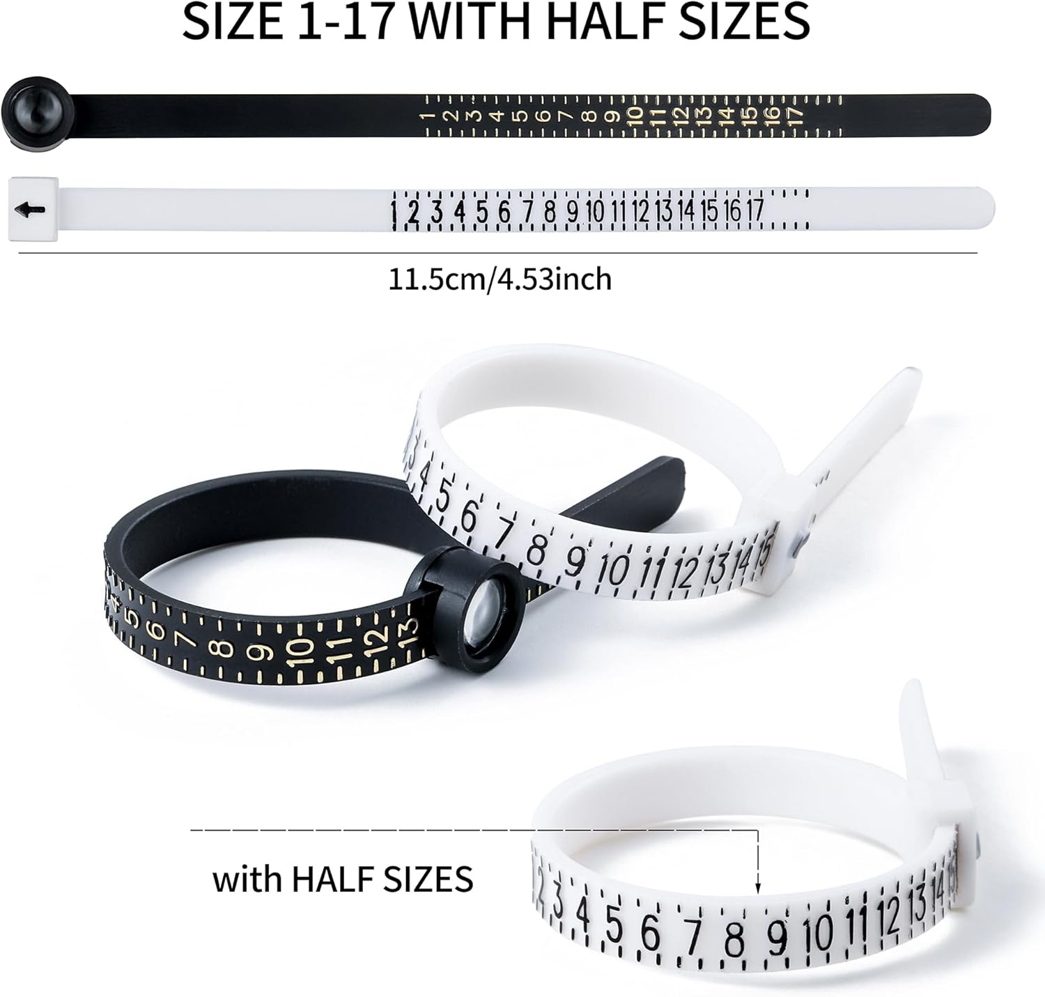 Ring Sizer Measuring Tool Kit, 27 PCS Stainless Steel Measuring Ring Tool, US Ring Size 0-13 with Half Size, 2 PCS Reusable Finger Size Tape with Magnified Glass 1-17 USA Rings Size image number 3