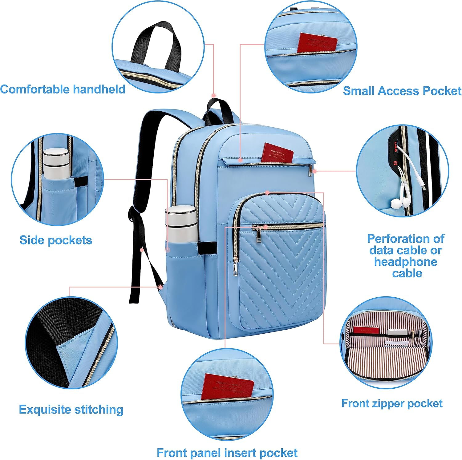 Laptop Backpack Purse for Women Men Waterproof Teacher Nurse Bag, 17.3 Inch Work Laptop Bag with USB Port, Business Travel Computer Backpack Light Blue image number 6