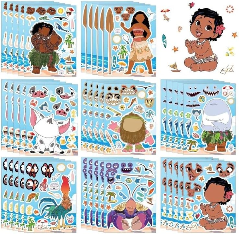 40 Sheets Make Your Own Moana Face Stickers, Princess Moana Theme DIY Face Stickers Goodie Bag Stuffers Party Favors for Kids Fans Birthday Party Supplies