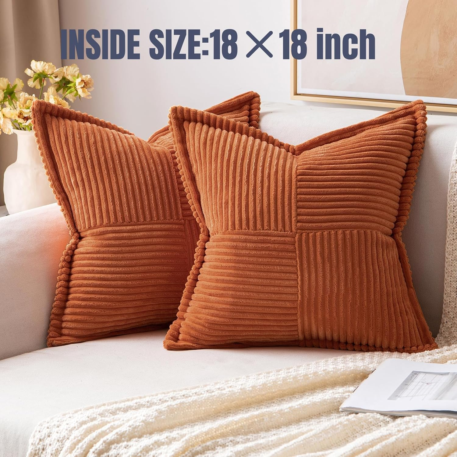 2 Packs Throw Pillow Covers Corduroy,Decorative Lumbar Pillow Covers, JOMWEN Super Soft Boho Striped Cushion Covers for Couch Bed Sofa Livingroom (Rust, 45 X 45 Cm) image number 5