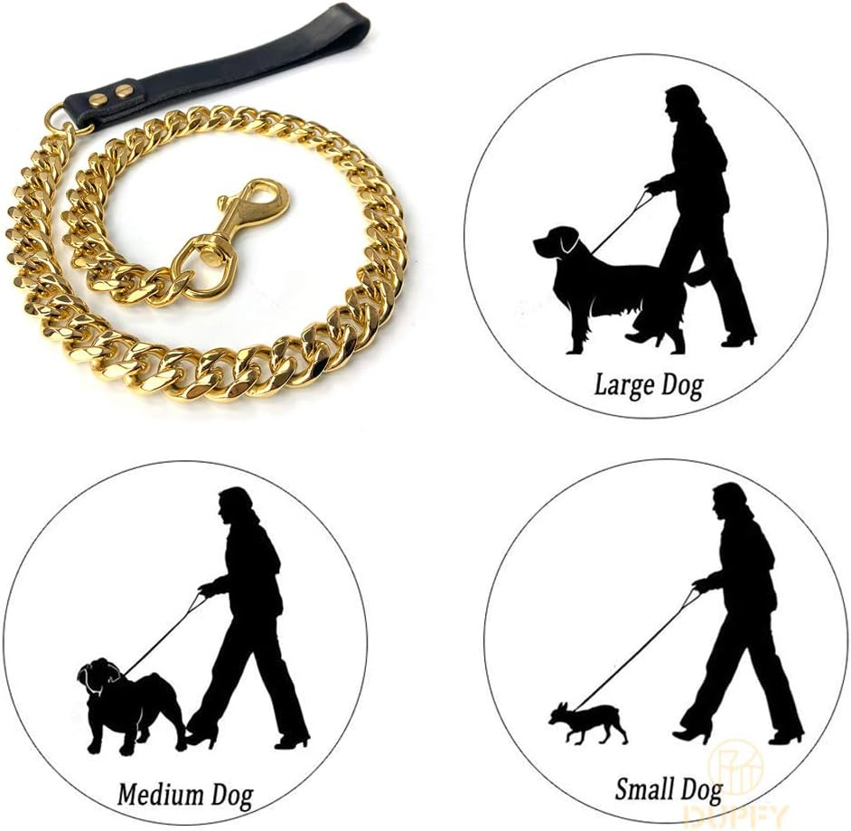 Gold Chain Leash for Large Dogs Metal Chew Proof 19 Mm Heavy Duty Fully Welded Stainless Steel Pet Leash Chain with Leather Padded Handle image number 5